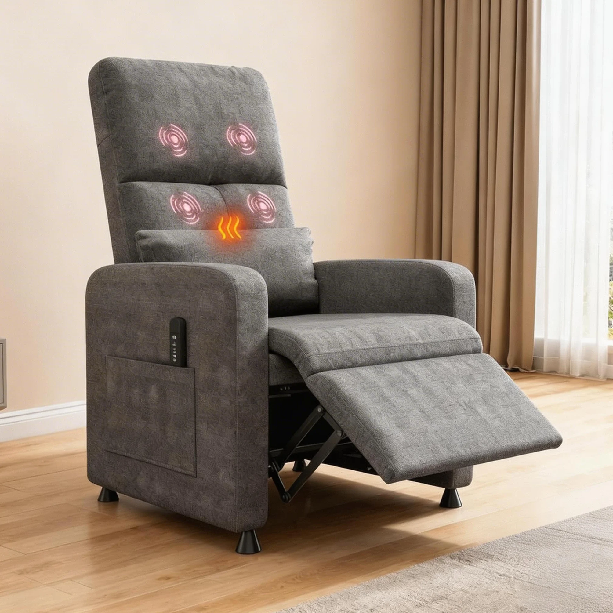 GarveeLife Sillón Reclinable Eléctrico con Masaje y Calor Lumbar, Ajustable, Tela de Lino, Gris