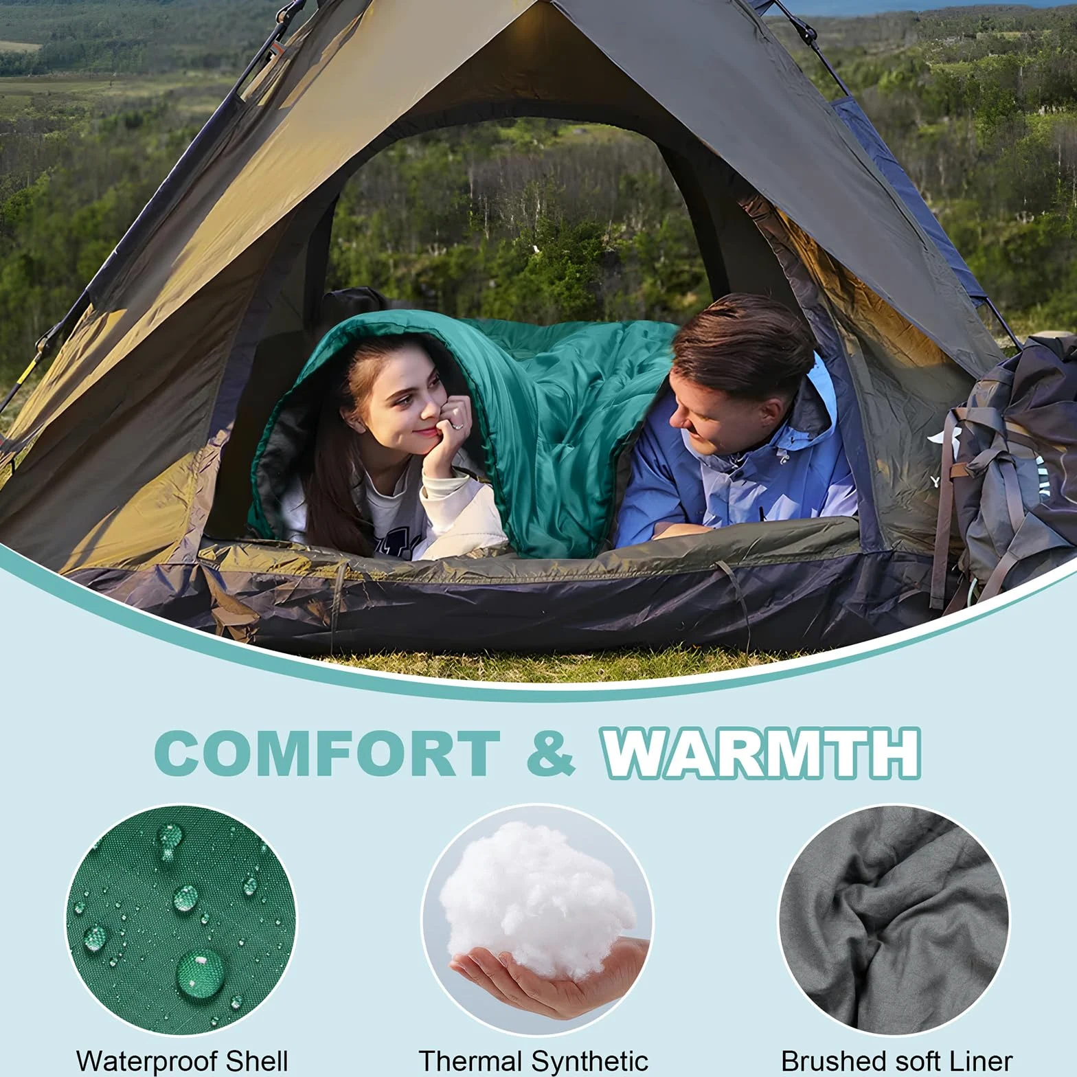 Saco de dormir doble, saco de dormir para 2 personas, tamaño Queen, para adultos, parejas, familia, camping, mochileros, XL, impermeable, ligero, para clima frío y cálido (azul lago)