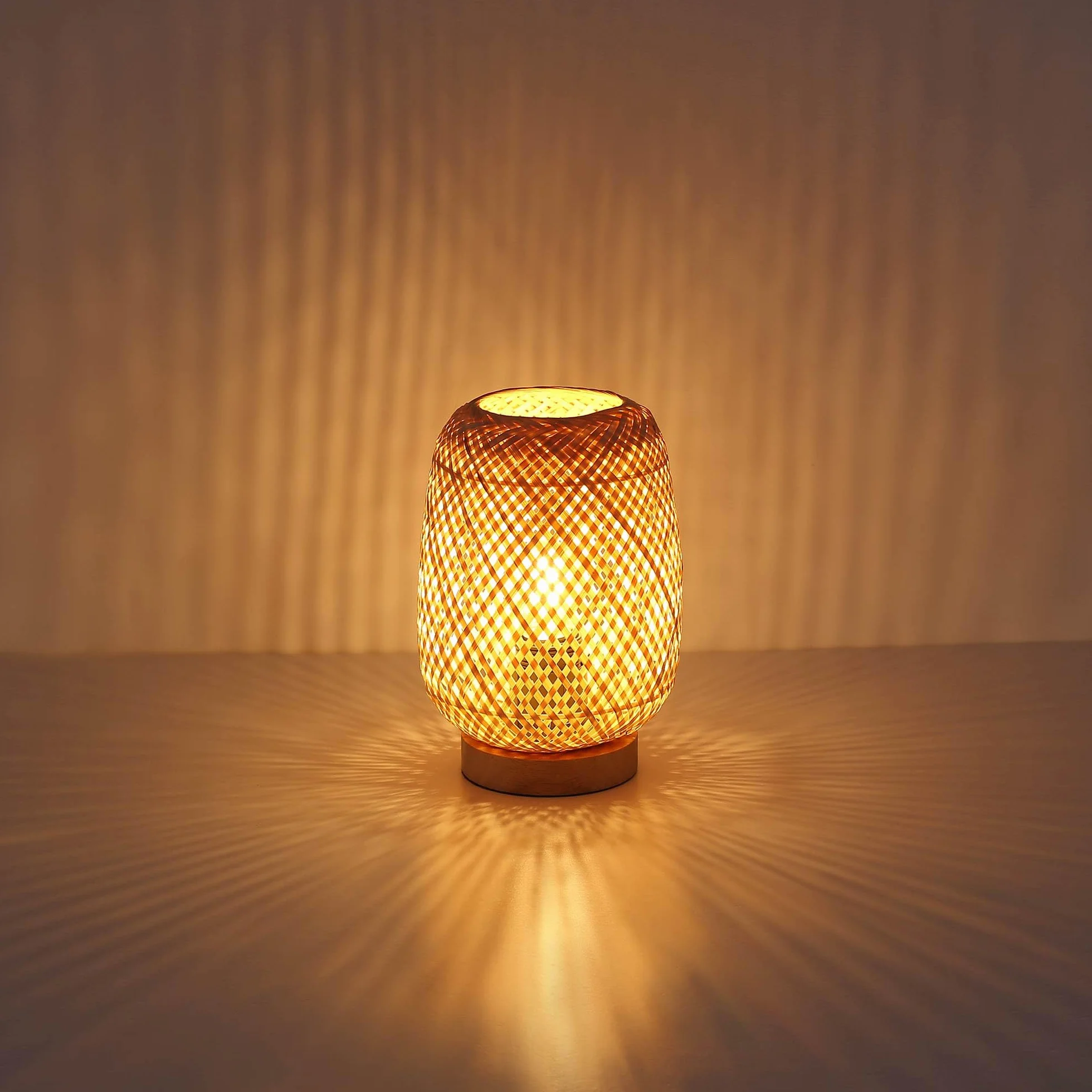 Lámpara de Mesa Mimbre Madera Ruka Barcelona LED E27 Estilo Rústico Boho Natural