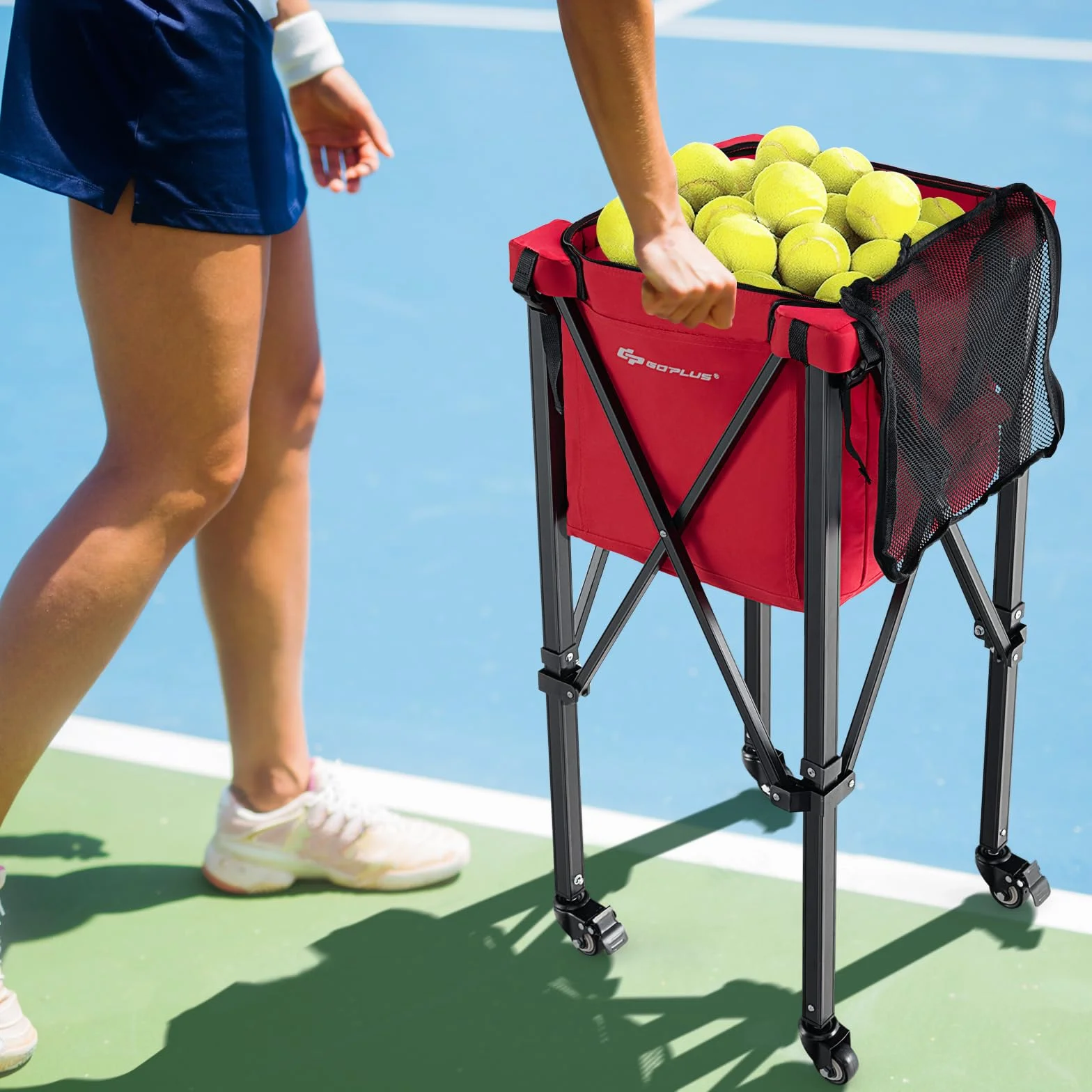 GOPLUS Carro de tenis plegable, carrito de pelotas portátil con bolsa de transporte, carrito de pelotas de tenis de aluminio y tela Oxford, soporta hasta 30 kg, cesta para pelotas de tenis, bádminton