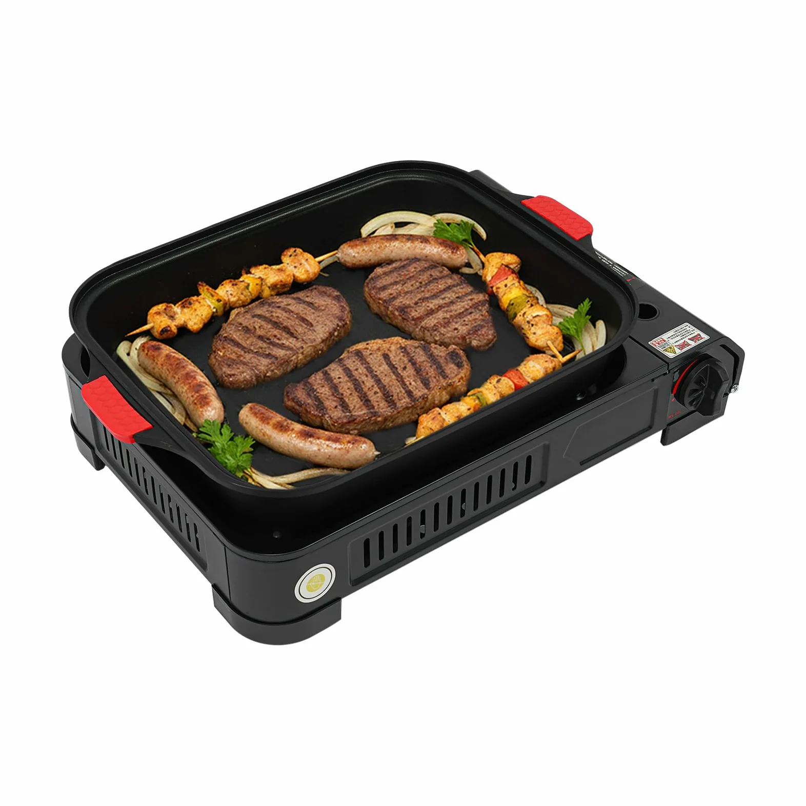 Barbacoa de gas para camping, pequeña 2,1 kW, hornillo de gas con placa de parrilla y tapa de cristal, para camping, bidón de butano, hornillo de camping para interiores, exterior (con asa)