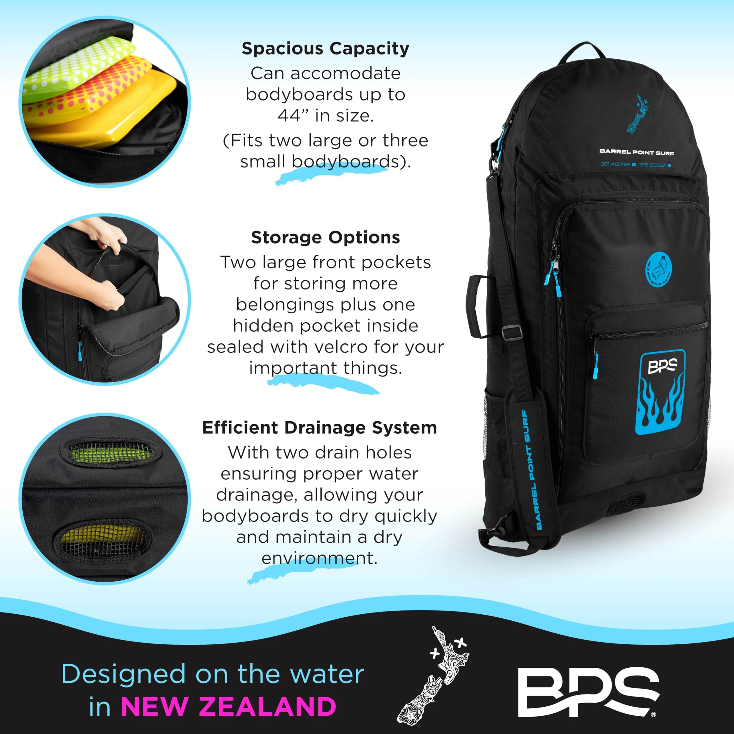 BPS Bolsa de bodyboard de Nueva Zelanda con capacidad de 2 a 3 tablas, hecha de plásticos reciclados, ayuda a eliminar los residuos de vertederos y océanos