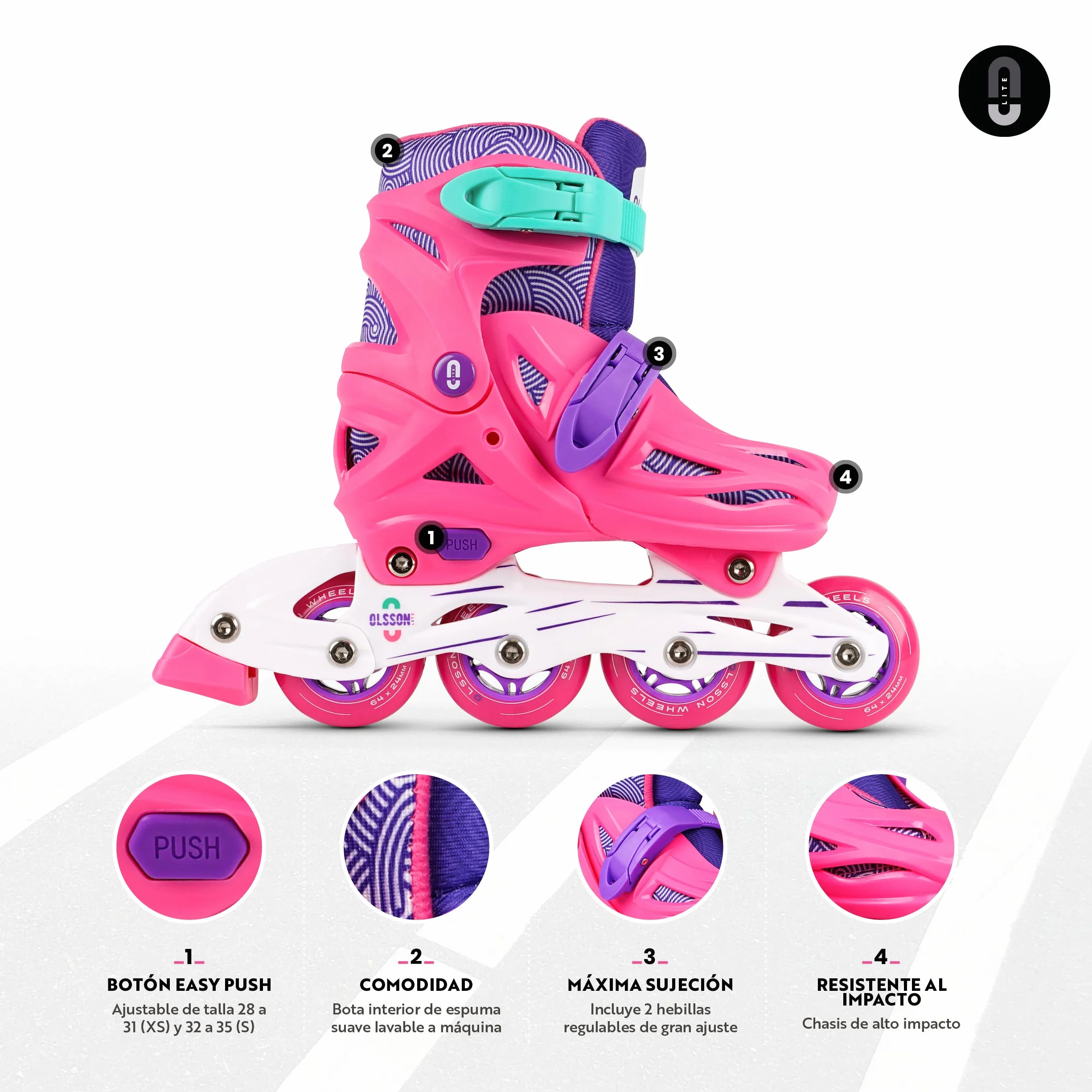 OLSSON Patines en línea niña niño Lite - Talla 28-35 - Sistema de Tamaño Ajustable - Rodamientos 608Z - chasis Resistente al Impacto - Ruedas 64/70MM - Sujeción Regulable - Homologado