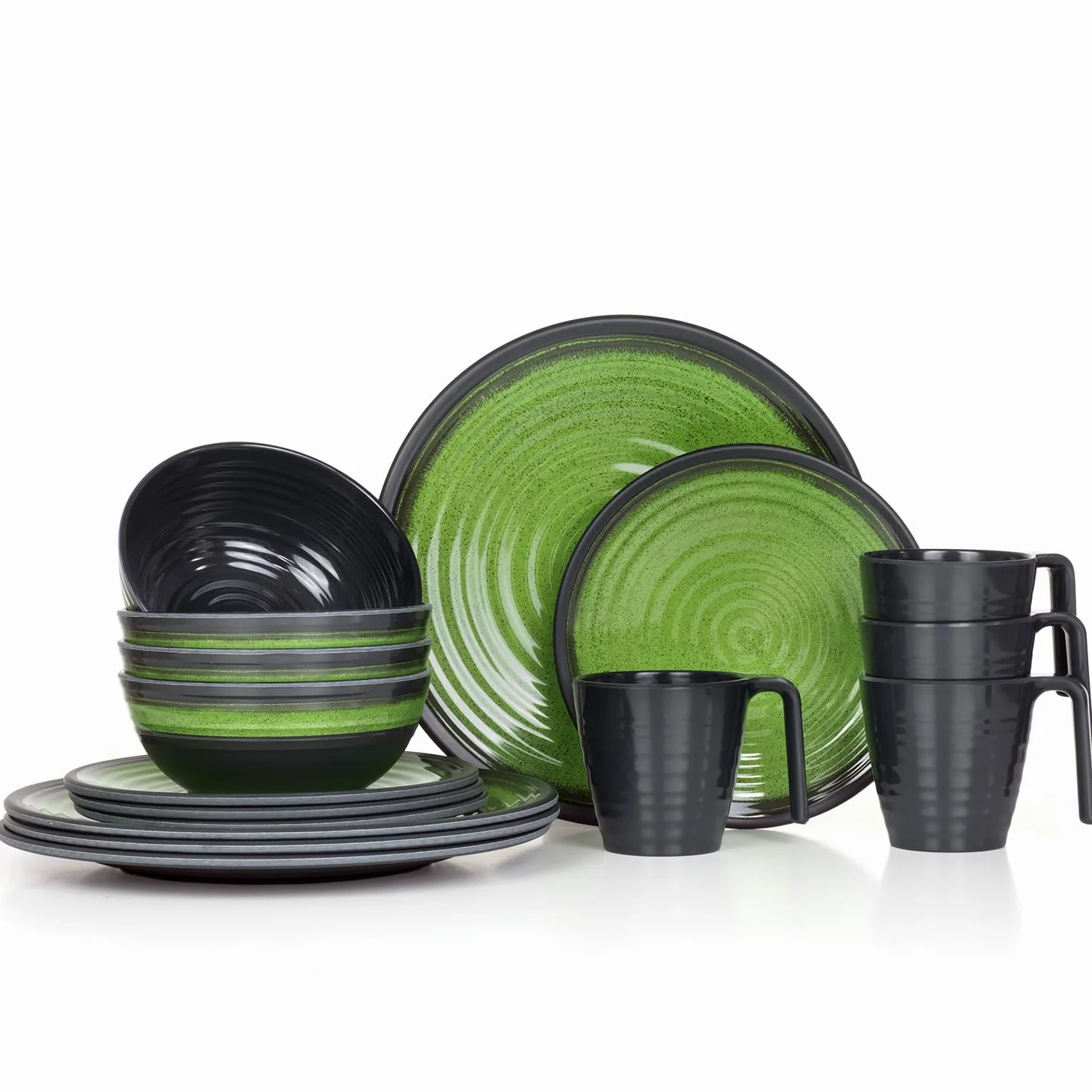 Juego de vajilla de melamina para camping, 4 personas, color verde piedra + 4 tazas de piedra tazas de café, vajilla de pícnic, barbacoa