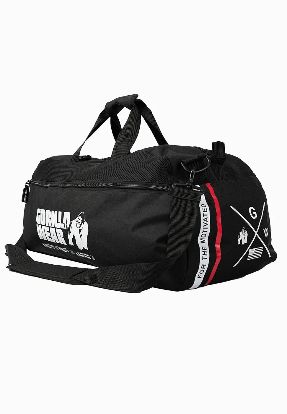 Gorilla Wear Norris Hybrid Gym Bag – Negro – Bolsa de Deporte, Tiempo Libre, Entrenamiento, Bolsillos Laterales, función de Mochila para Colgar Grande de poliéster