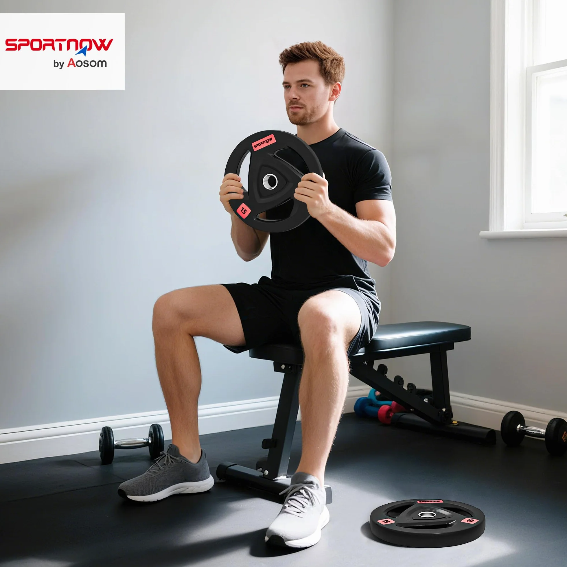 SPORTNOW Discos Pesas Olímpicos 5kg a 15kg, Agujero Ø50 mm, de Hierro Fundido, Recubierta de Goma, 2 Placas de Pesas con Triple Agarre, para Mancuernas y Barras, Entrenamiento en Casa, Gimnasio, Negro