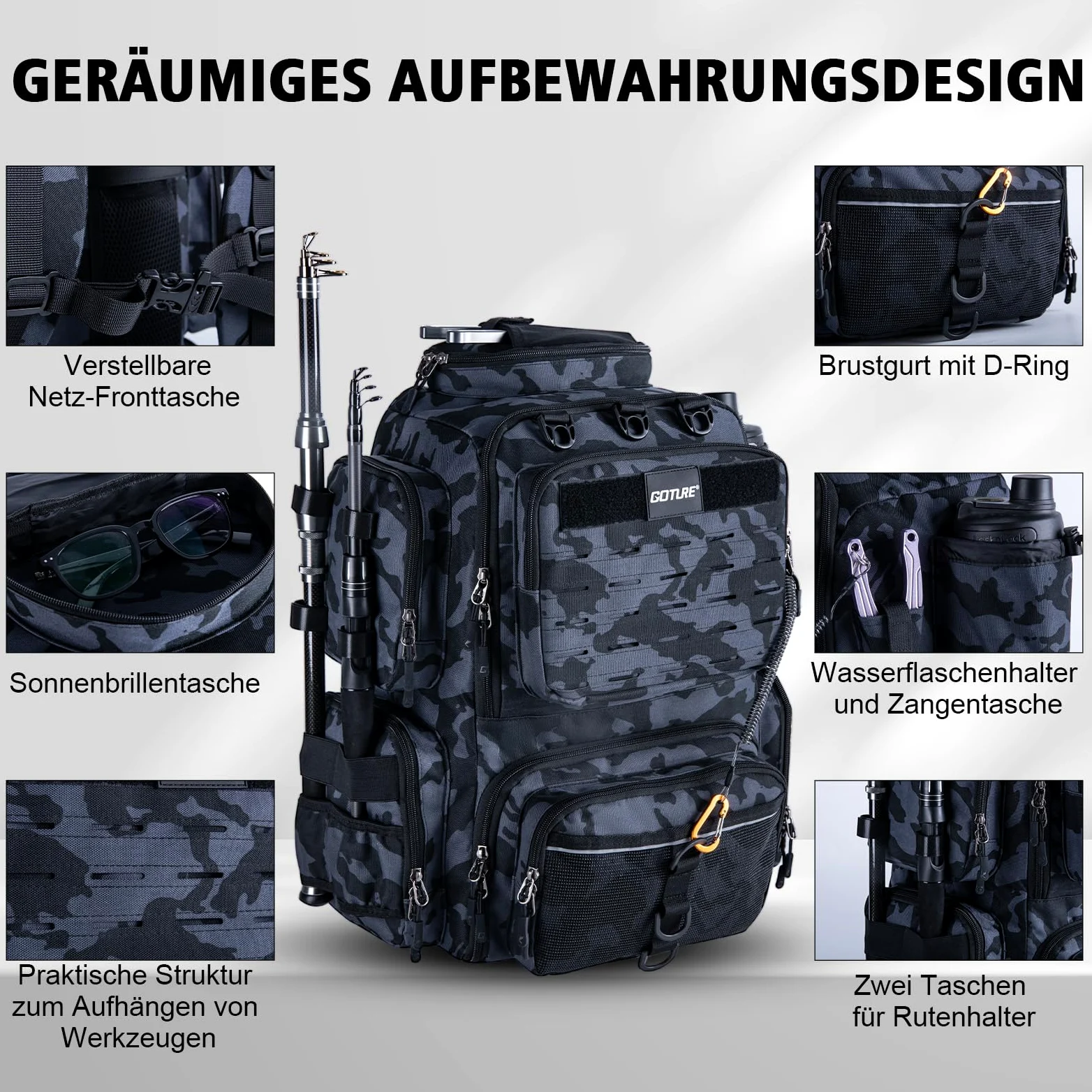 Goture Mochila de pesca con 4 cajas de cebo de pesca, mochila de 45 litros con dos soportes para cañas y protector de lluvia, tela Oxford 900D, bolsa impermeable para aparejos de pesca con