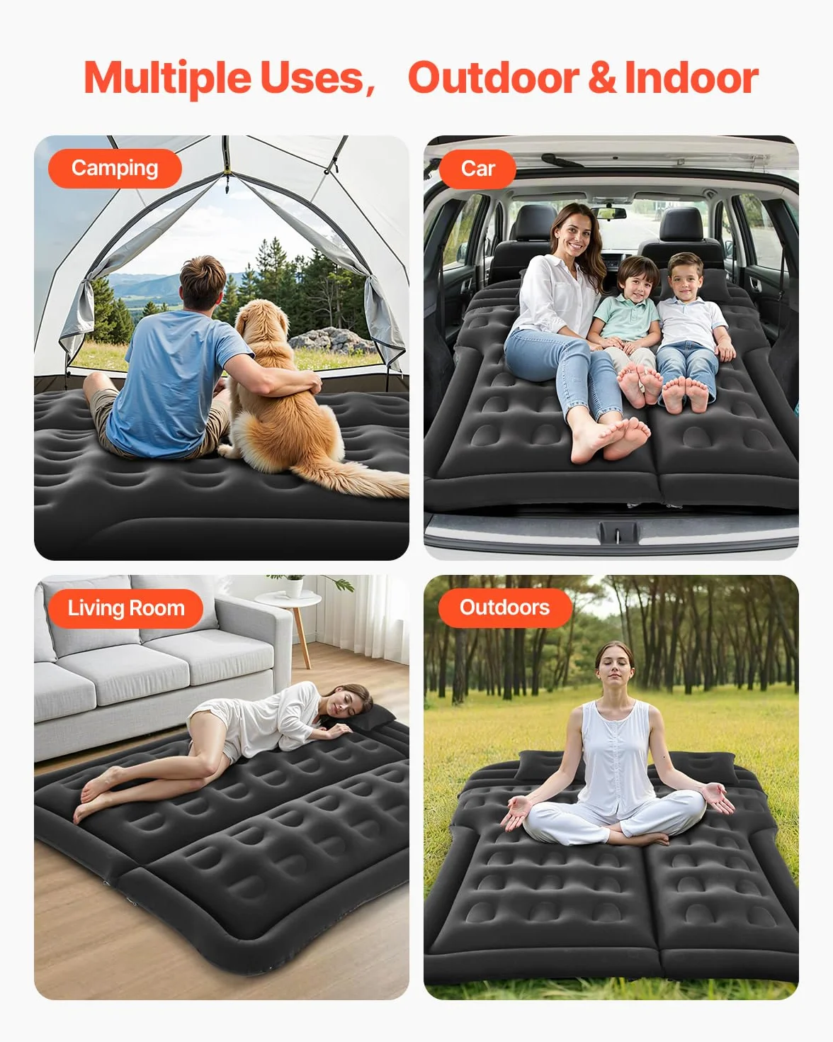 VEVOR Colchón Inflable de Camping para Coche, Grueso y Aterciopelado, Duradero con Bomba de Aire, 2 Almohadas, Boquilla y Bolsa de Transporte, para SUV, MPV y Sedán, Negro, 1750 x 1330 x 150 mm