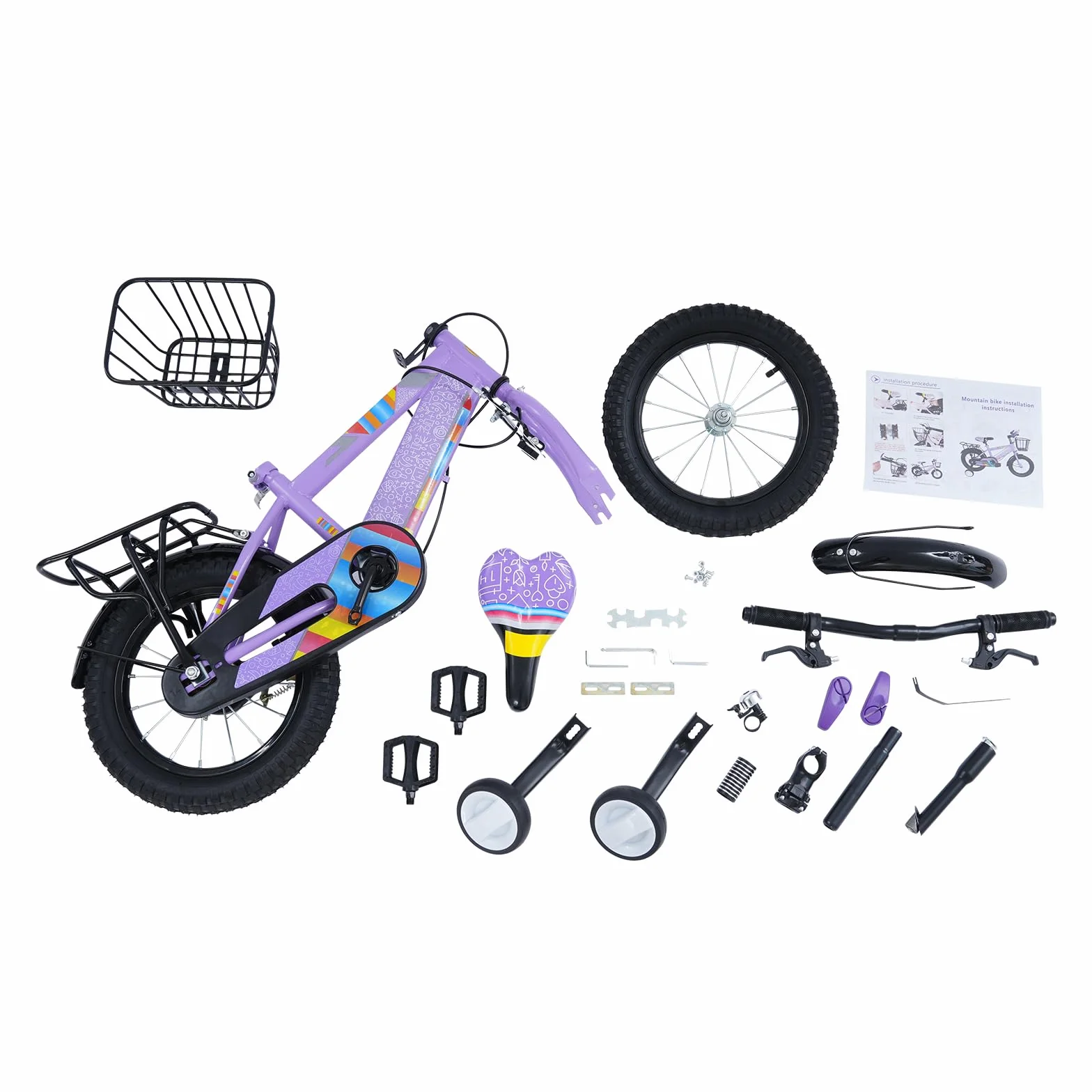 Bicicleta infantil 14 pulgadas con asiento trasero y cesta, ruedas estabilizadoras, altura regulable, acero resistente