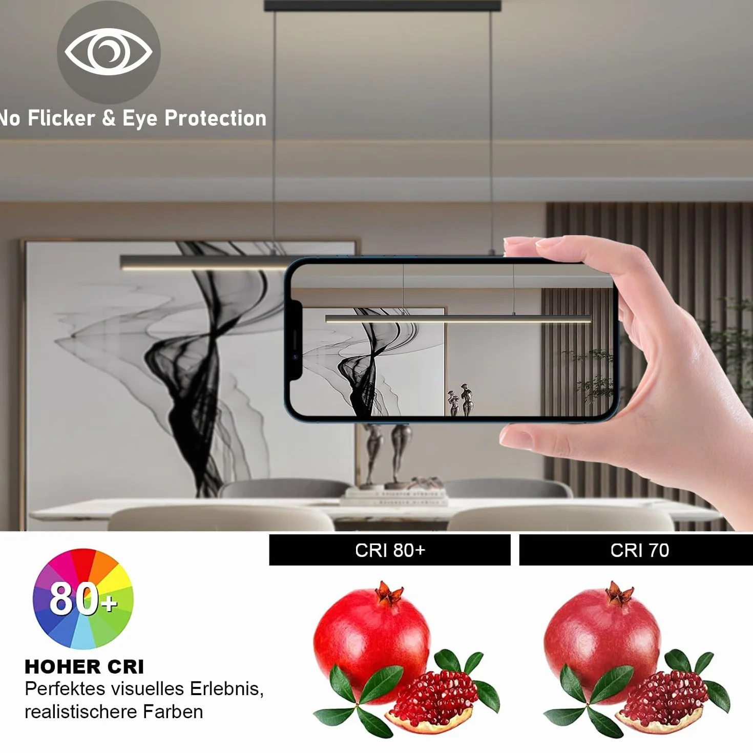 SENFAY Lámpara colgante LED 80cm Negra Regulable con Control Remoto 32W Para Cocina Comedor
