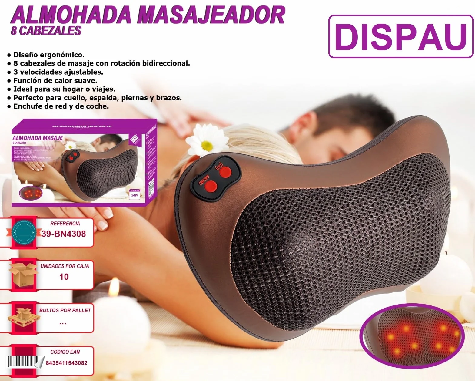Almohada de Masaje Ergonómico 8 Cabezas Bidireccionales 3 Velocidades Ajustables Calor Suave