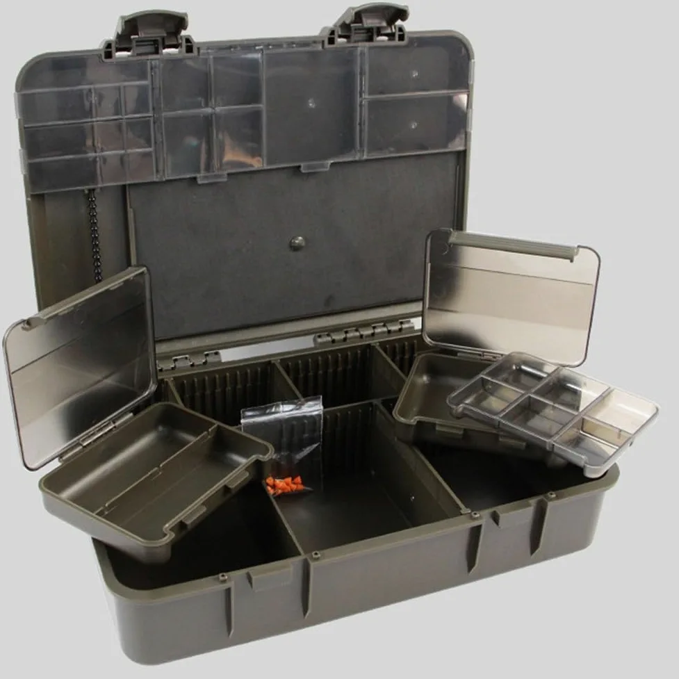 Juego de cajas de almacenamiento de pesca de carpas con báscula, 2 + 1 cajas de aparejos, múltiples compartimentos para anzuelos de aparejos, piezas pequeñas, estuche organizador de ABS verde