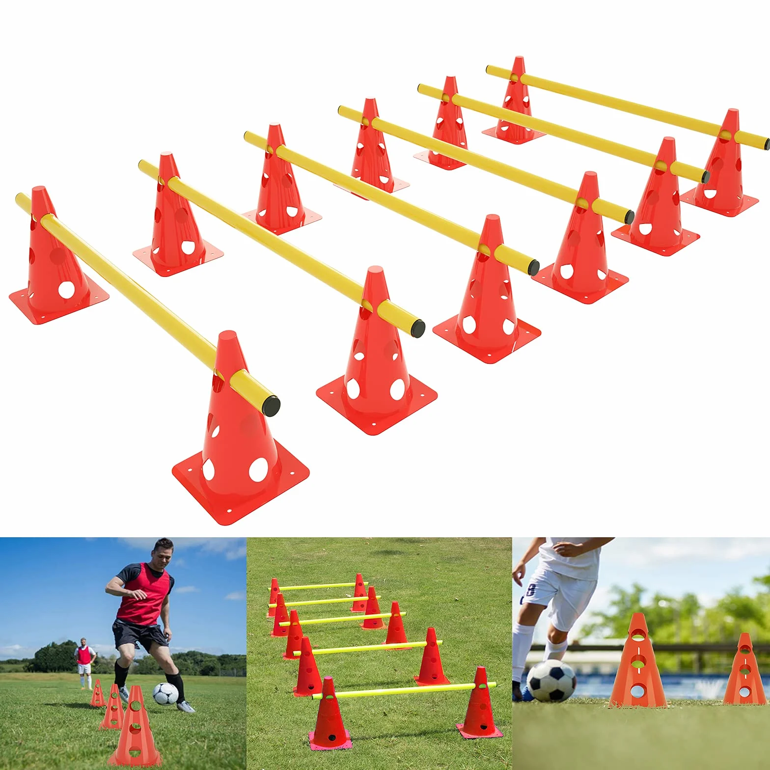 YRHome Juego de 6 tornillos de agilidad para entrenamiento de coordinación, accesorios de entrenamiento de agilidad, 12 conos multiusos y 6 barras de altura ajustable, combinaciones multifuncionales