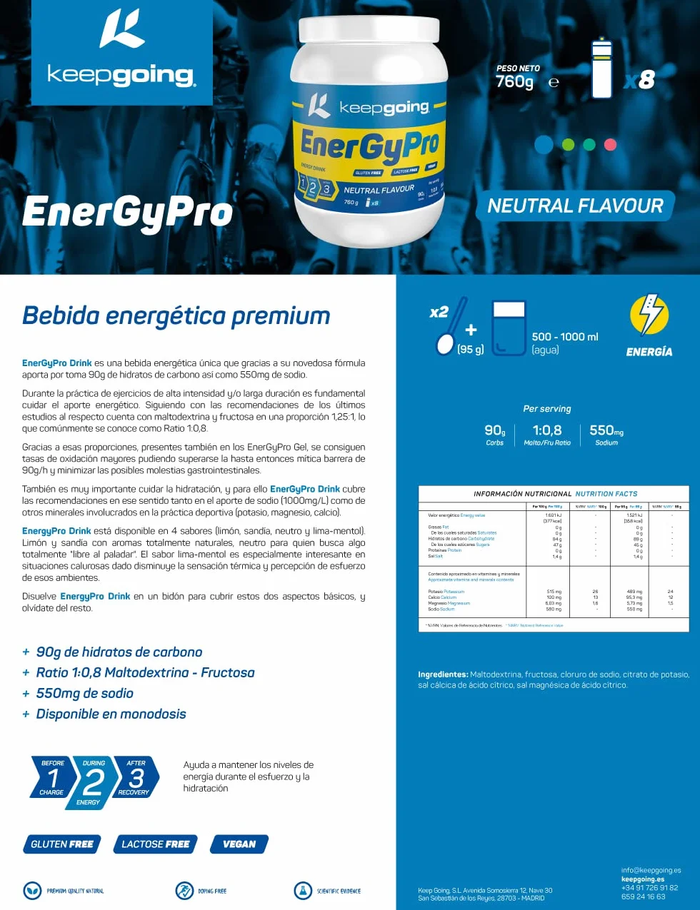 Keepgoing EnergyPro Drink Bebida Energética Premium en Polvo Sabor Neutro 760g Maltodextrina Fructosa