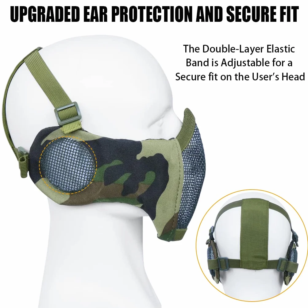 Juego de 3 máscaras tácticas de Airsoft para béisbol,máscara de Malla de Media Cara Ajustable con protección para los oídos,Gafas Anti UV,Gafas de Airsoft para Aire Libre