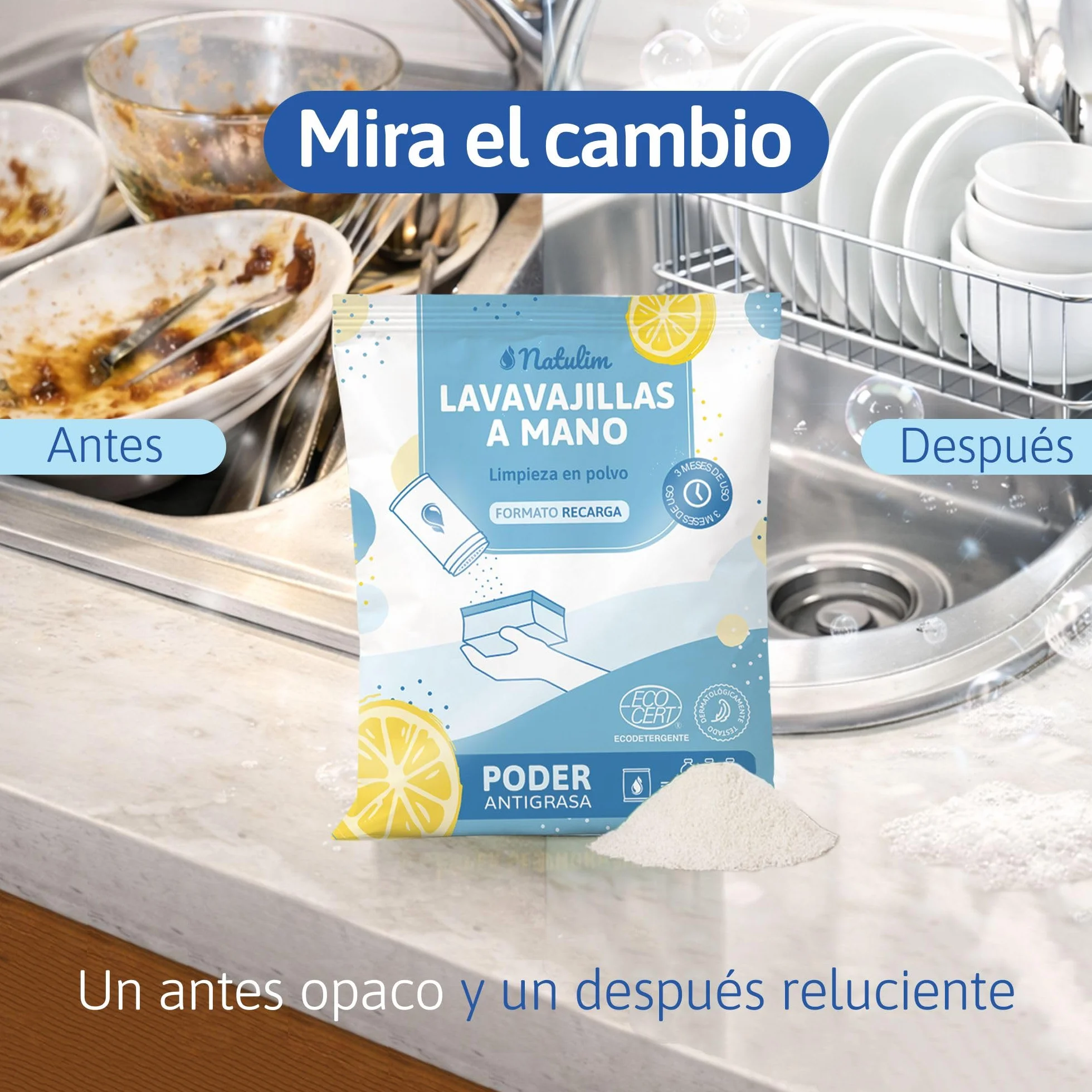 Natulim Pack Lavavajillas a Mano 250g con Dispensador Reutilizable, 2 Esponjas y Sobrecito