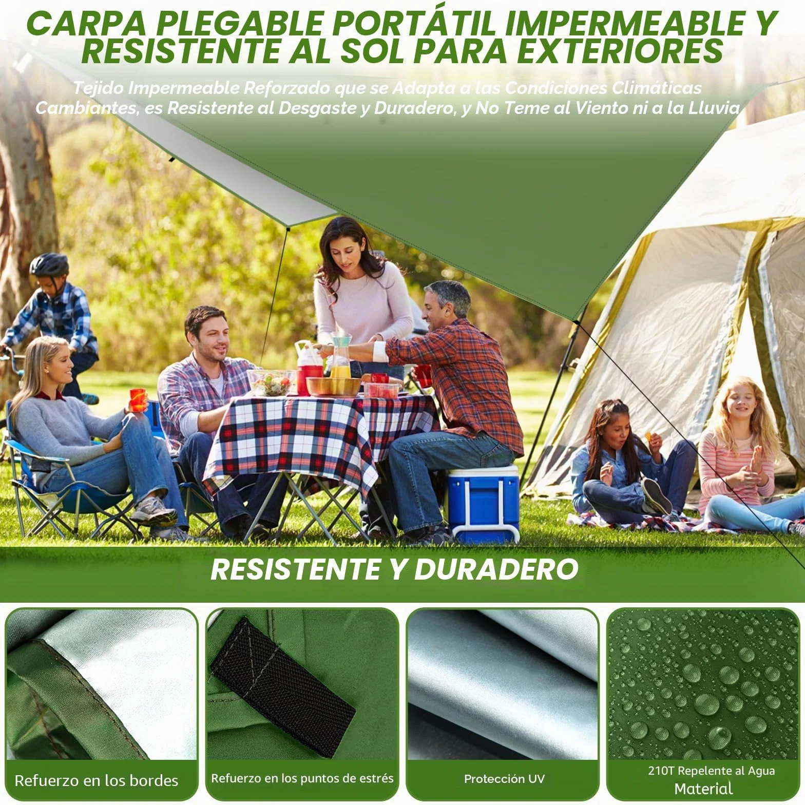 Toldo de Refugio Impermeable 3X3M,Ultraligero y Portátil Toldo Camping, Tienda de Campaña Hamaca Protección UV Anti Desgarro, Ideal para Acampar Senderismo Picnic al Aire Libre, Verde