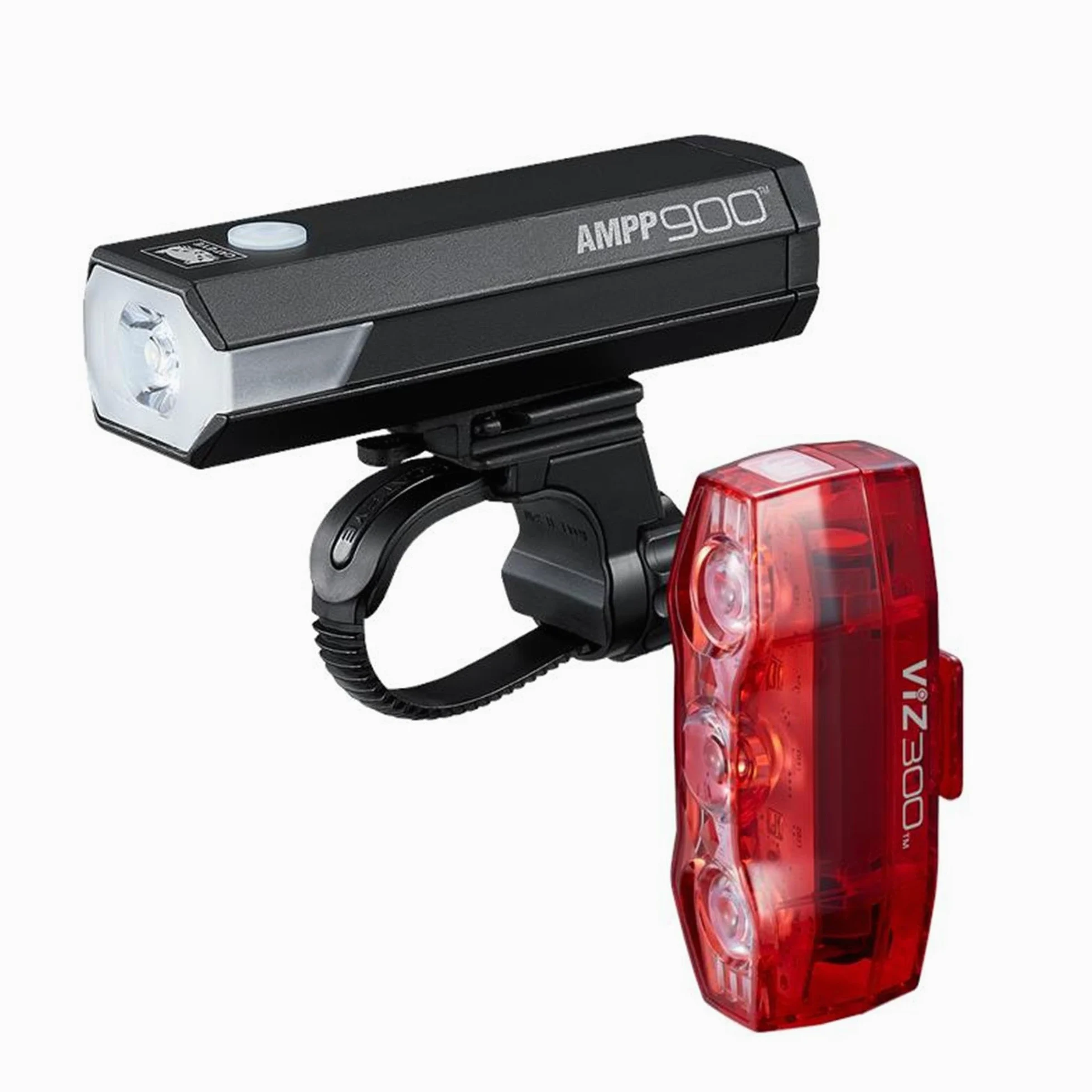 CATEYE AMPP 900 / Viz 300 Juego de Luces para Bicicleta: Potente luz Delantera, luz Trasera de Alta Visibilidad, Color Negro