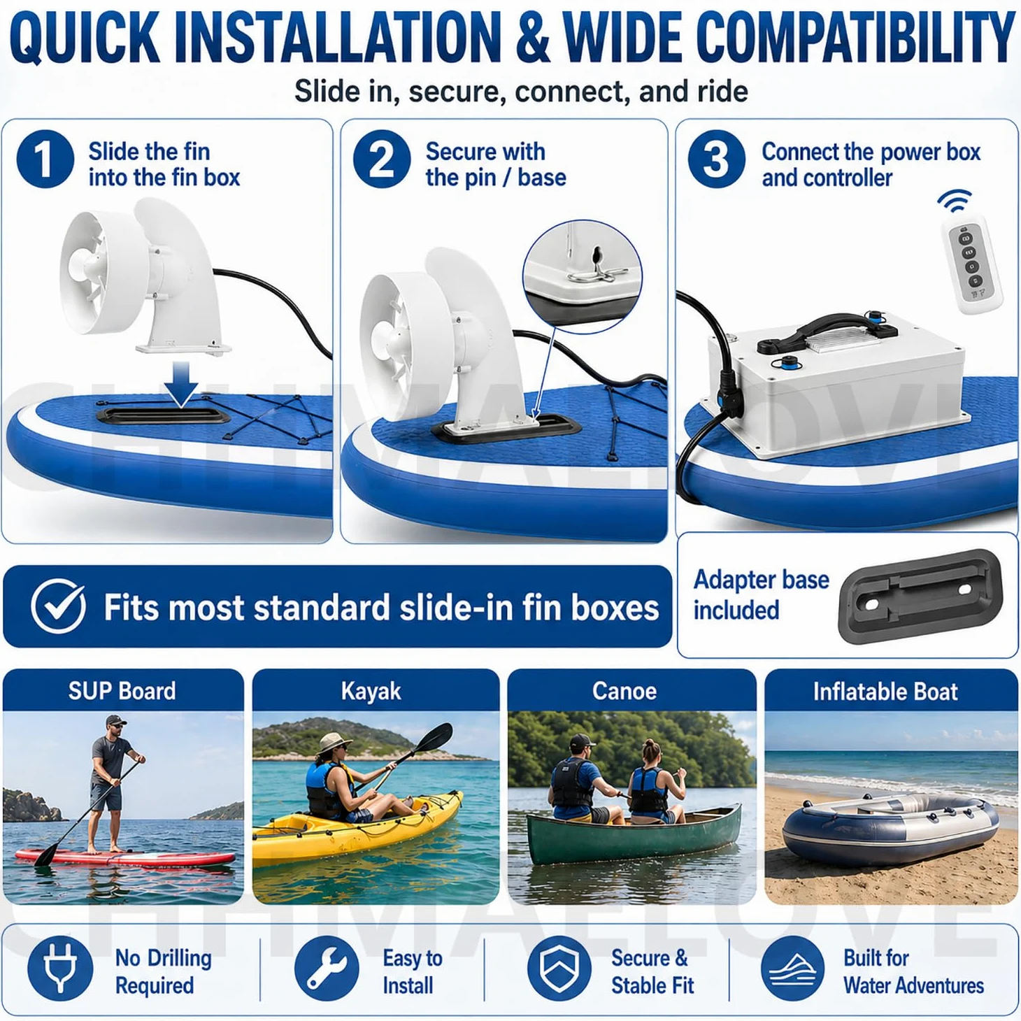 Motor eléctrico para kayak hinchable y aleta eléctrica SUP, propulsor subacuático 24V/36V, 380W/630W/2500W, cuerpo 2,3/2,4 kg, base slide-in para lago, río, costa y tabla SUP Q120/45mins6-7km/h380W