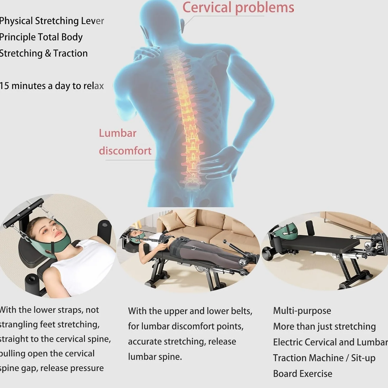Cama de tracción para fitness, mesa de tracción cervical lumbar para descompresión de espalda, soporta carga de 400 kg, ideal para espondilosis y hernia de disco