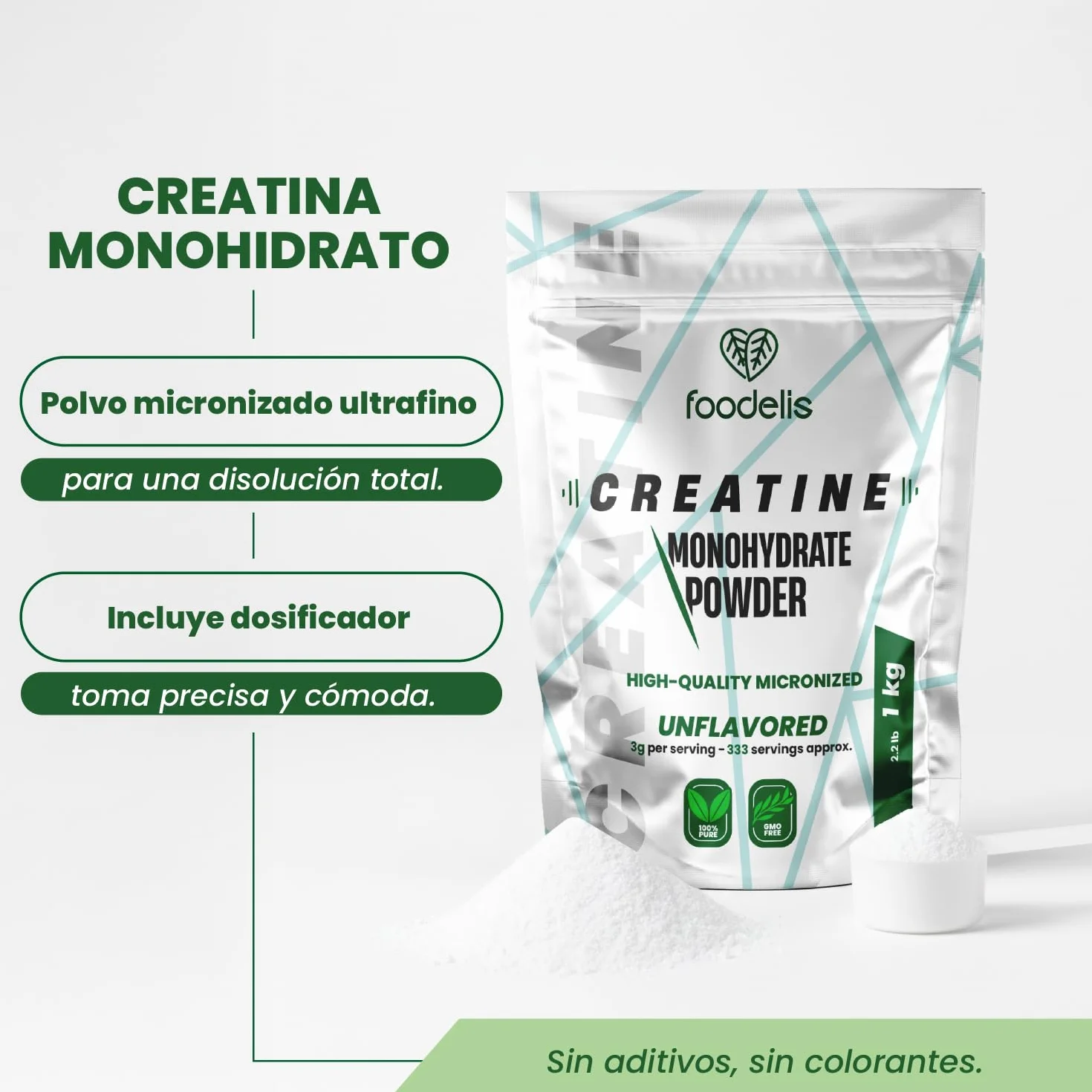 Foodelis Creatina Monohidratada en Polvo 1 kg 333 Dosis - Creatina Monohidrato Micronizada Sin Sabor