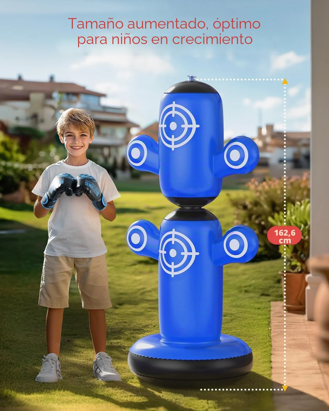 Saco de boxeo giratorio de 360° para niños, bolsa de 64 pulgadas con guantes, bomba y 6 objetivos, inflable