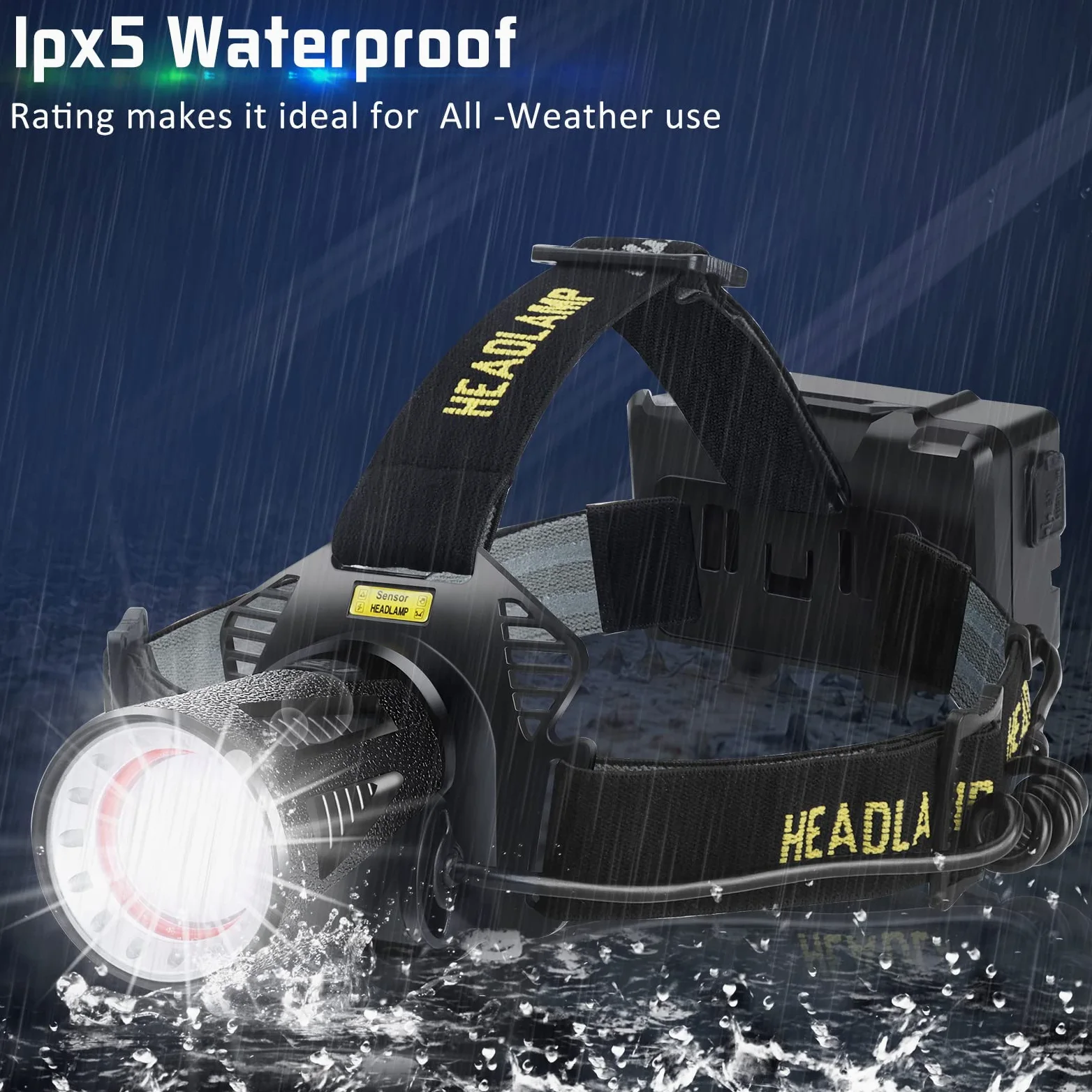 Aikertec Linterna frontal recargable, súper brillante para adultos con sensores de movimiento, 7 modos, zoom, linterna de cabeza impermeable IP68 para camping, caza, pesca (pilas incluidas)