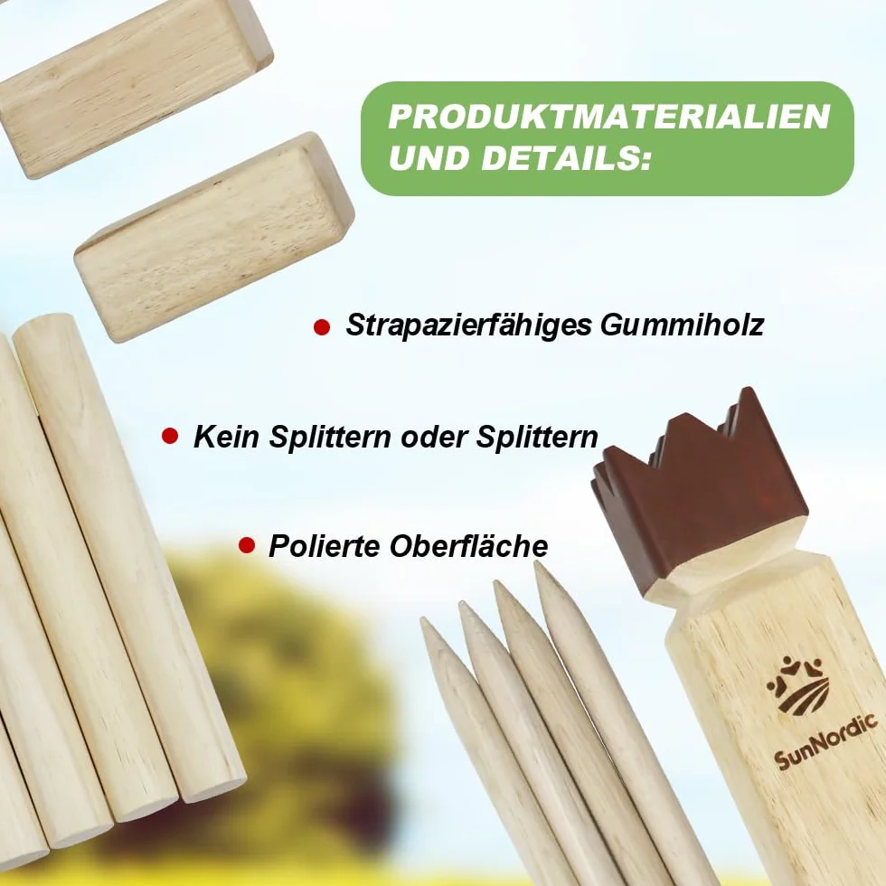 SunNordic Kubb Juego de Lanzamiento Vikingo, Juego de ajedrez Sueco Hecho de Madera de Caucho de, Incluye Bolsa de Lona e Instrucciones de Juego, Juego Robusto de Kubb Yard para niños y