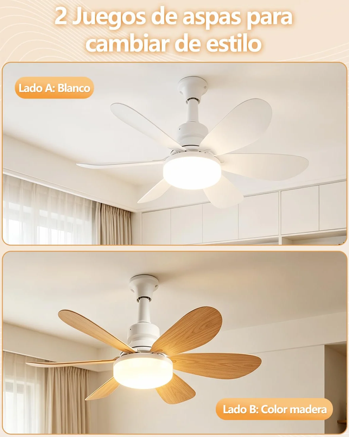 Ventilador de Techo 52cm con Luz LED 40W Regulable, Silencioso, 3 Velocidades, E27, para Interior Exterior