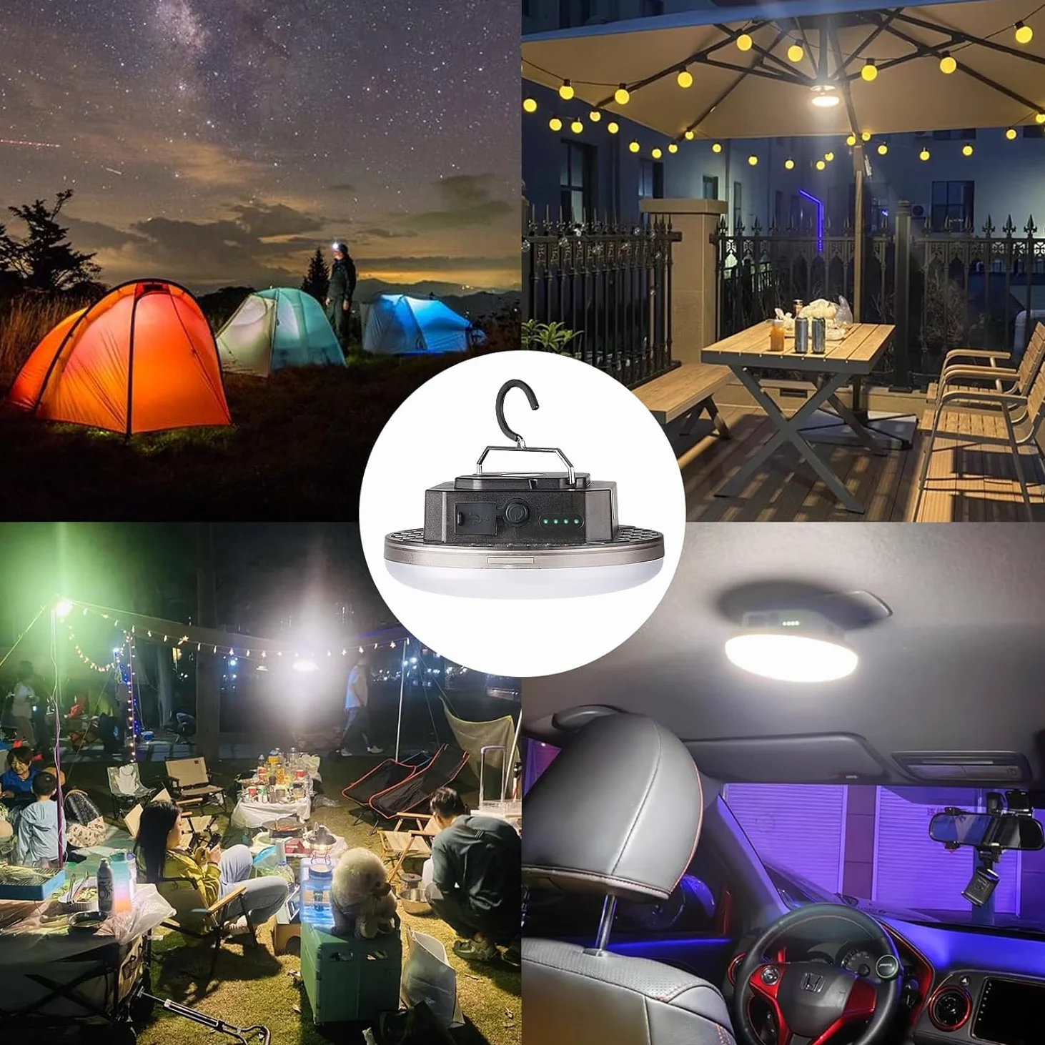 Luces de camping de 12000 mAh, 4000 lm, 3 modos de iluminación de color, lámpara LED brillante recargable de 40 W, luces colgantes IPX5 impermeables, imán, kits de supervivencia de emergencia de fallo