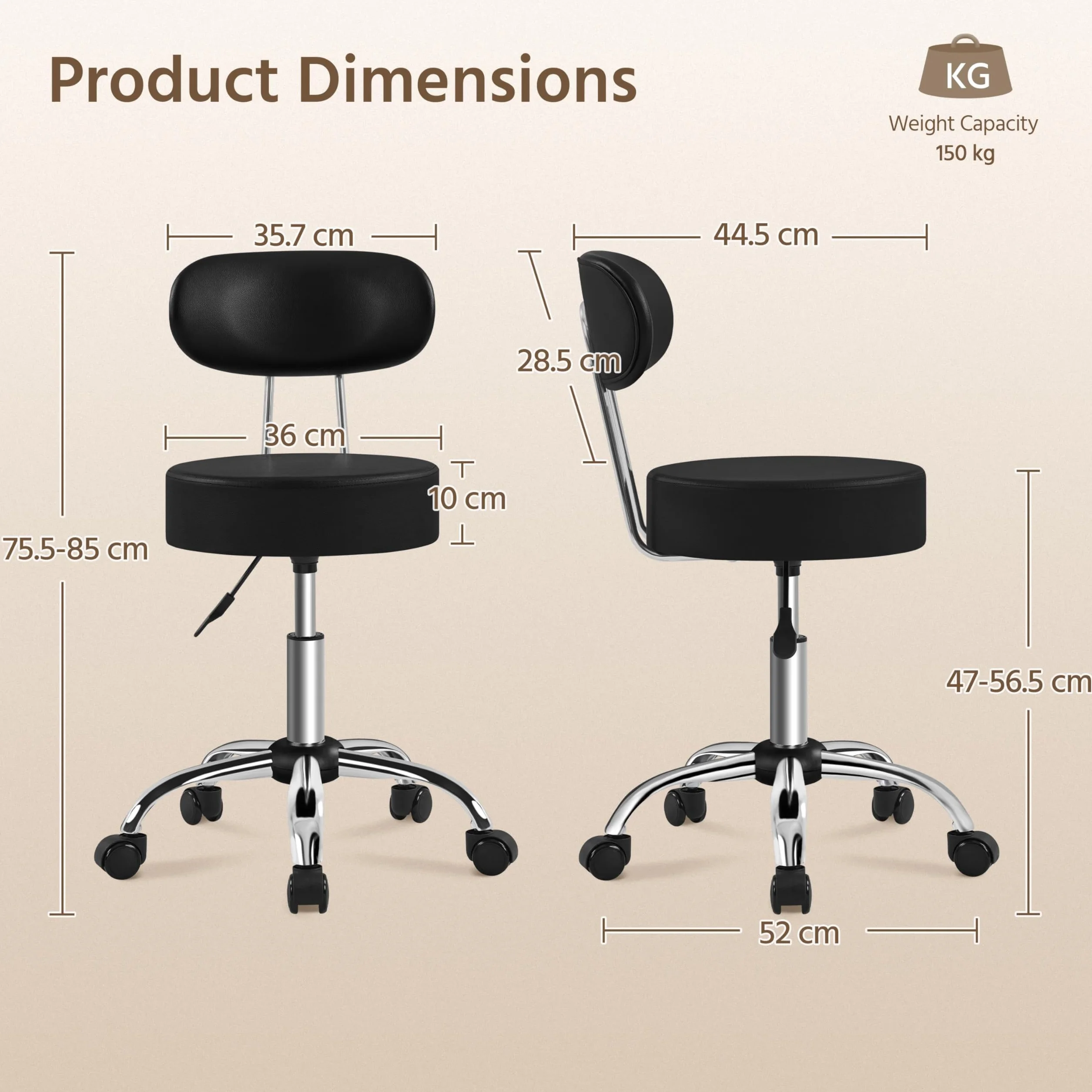 Yaheetech Taburete de Peluquería, Silla Giratorio 360º, Altura Regulable, con Respaldo, Negro