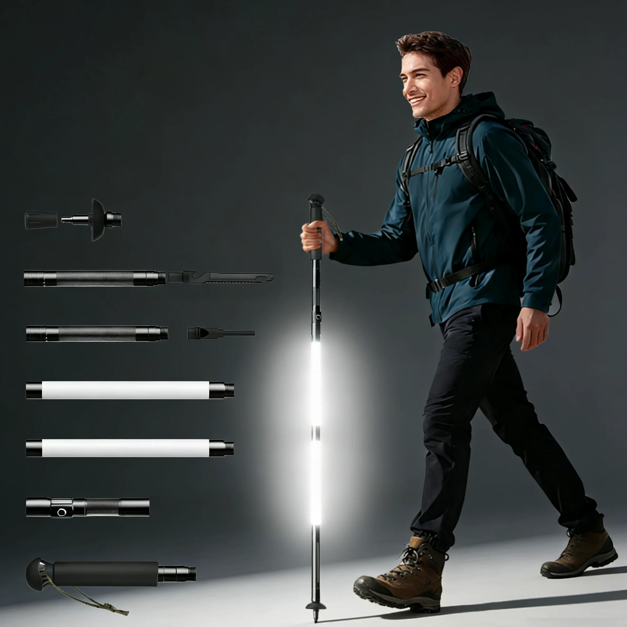 Bastones de senderismo LED recargables, bastones de senderismo plegables con linterna desmontable, multiherramienta de supervivencia, personal de senderismo iluminado para acampar nocturno, senderismo