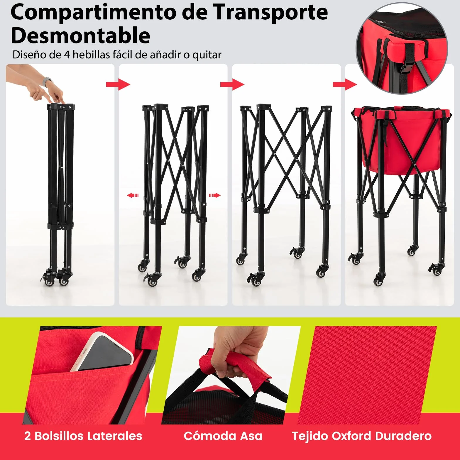 COSTWAY Carro Plegable para Pelotas de Teni, Carrito Recogepelotas, Cesta Ligera de Aluminio con Ruedas para Pelotas de Tenis, Bolsillos Laterales/Bolsa de Transporte,150 Pelotas
