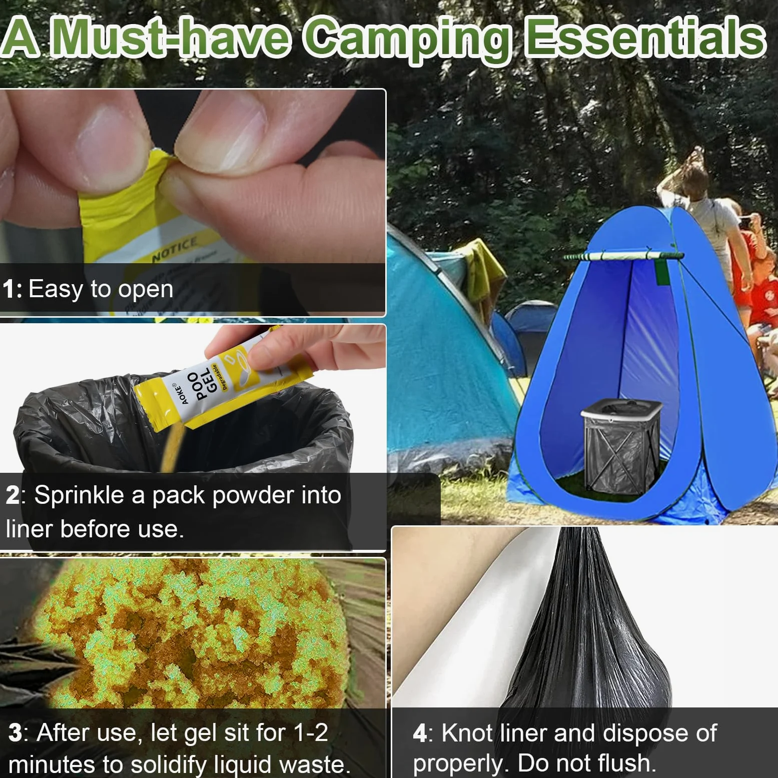 AOKE Polvo de inodoro portátil, paquete de 100 unidades de gel de caca con aroma a lavanda para camping, gel absorbente ecológico, polvo desodorizante y gelificante, tratamiento de residuos de inodoro