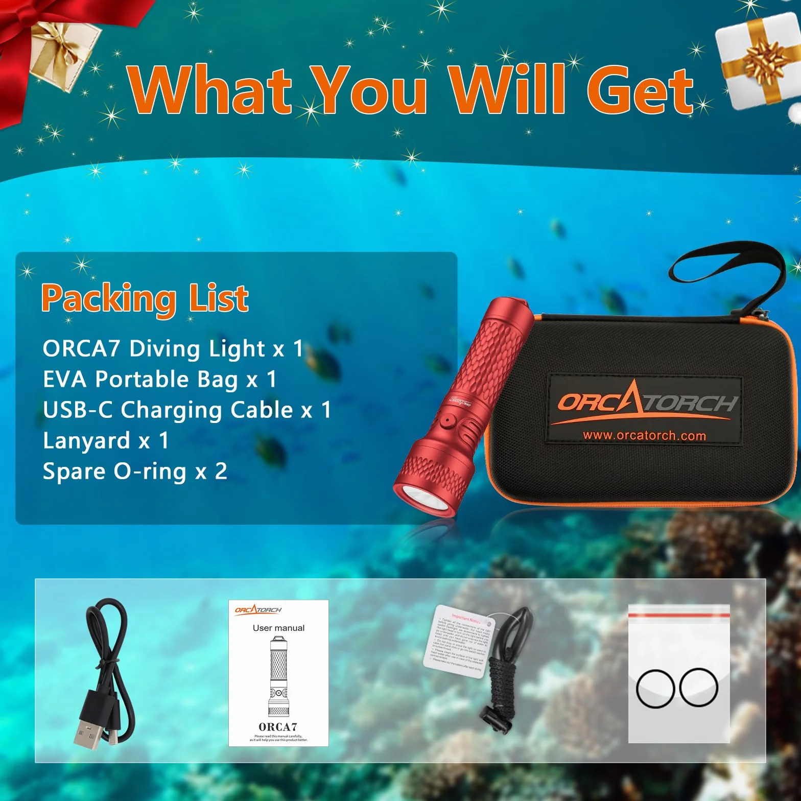 ORCATORCH ORCA7 Linterna Buceo,3000 Lúmenes Linterna de Buceo,Haz de 6° Linterna Submarina con SOS, Impermeable IP68 Hasta 150 m, Ideal para Buceo Nocturno,Exploración de Cuevas y Equipo Técnico(Rojo)