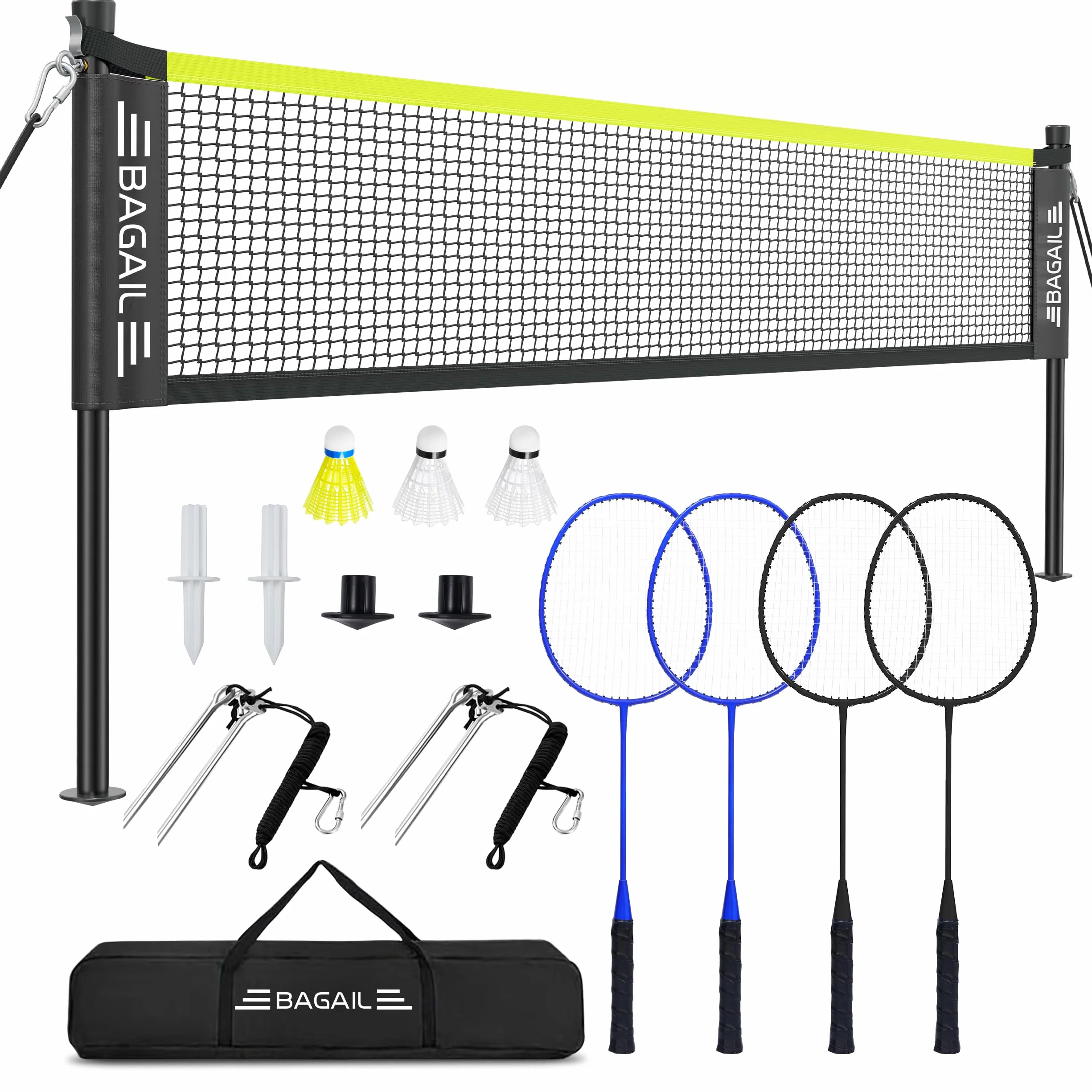 BAGAIL Juego de Bádminton Exterior 20 pies x 5 pies Oficial 4 Raquetas 3 Pelotas Red PE Duradera Bolsa Transporte