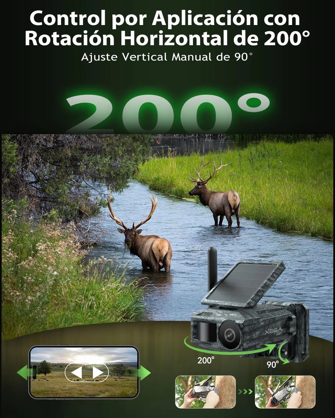 Xega Cámara Solar 4G con Tarjeta SIM 2 Paneles Solares, Fototrampeo Caza Exterior Inalámbrica, Detección de Movimiento, Visión Nocturna Sin Luz, Rotación 220°, Alertas En App (WiFi No Compatible)