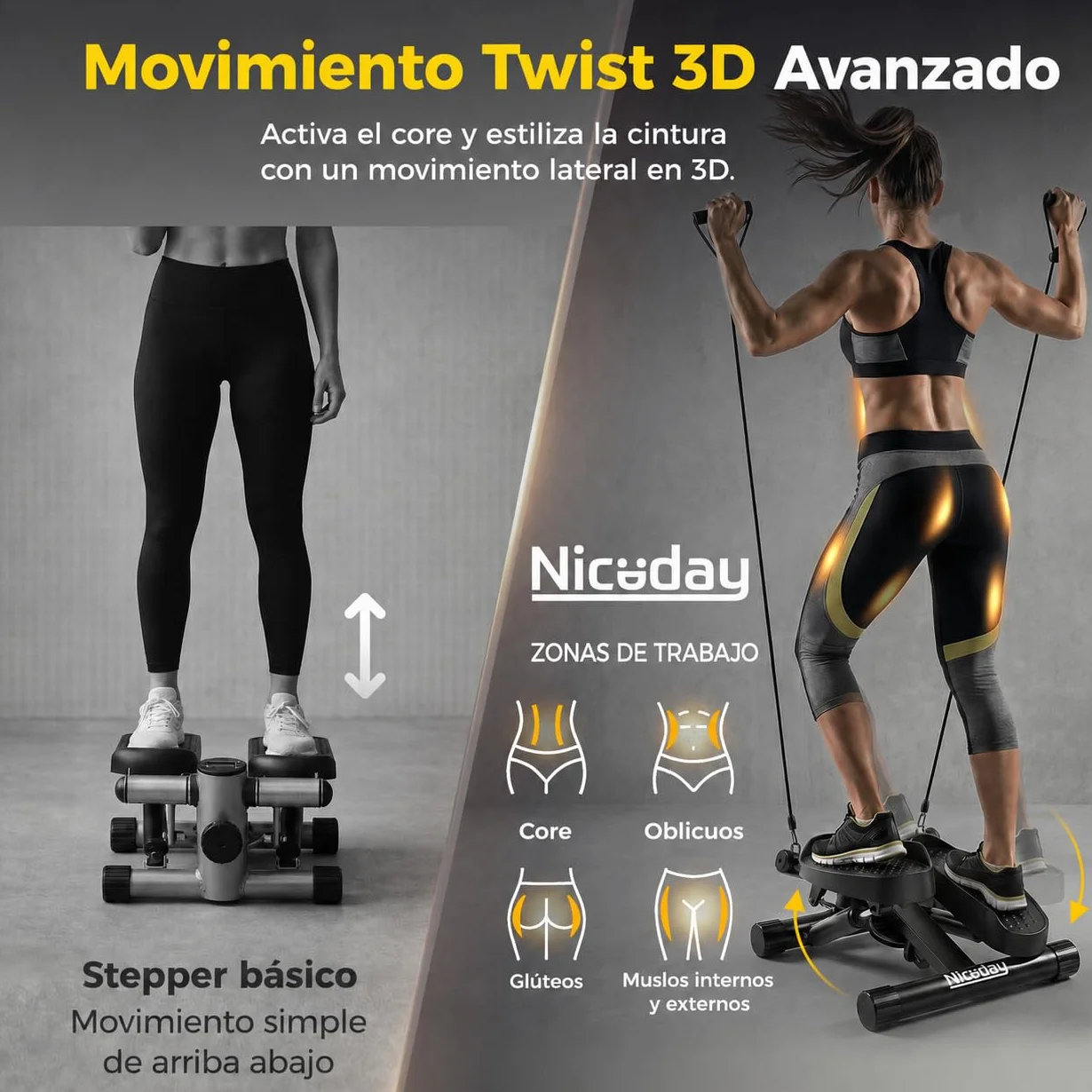 Niceday Twist Stepper Fitness Casa, Swing Stepper con Cuerdas Elásticas, Mini Stepper 2 en 1 con Pantalla LCD, Entrenador de Piernas y Brazos hasta 100 kg, Ideal para Ejercicio en Casa.