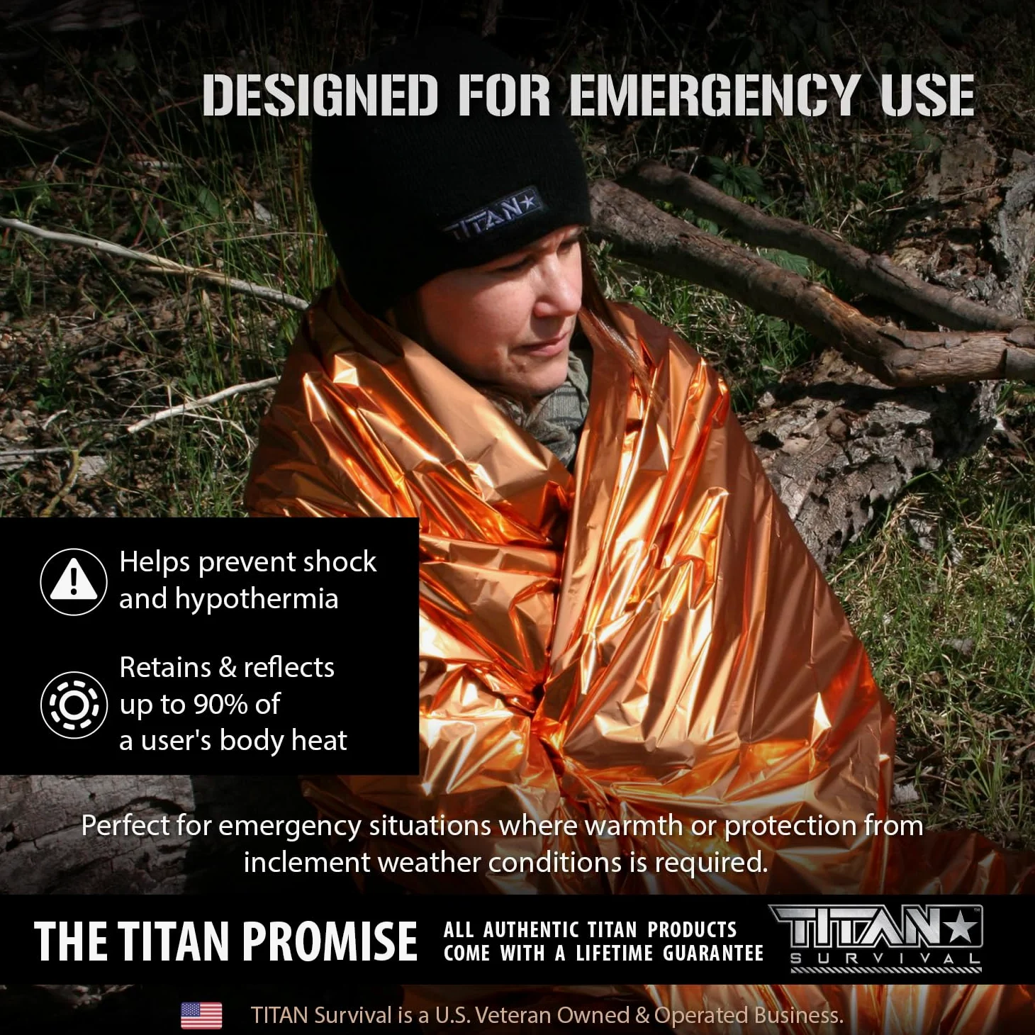 TITAN Survival Mylar - Paquete de 5 mantas de supervivencia de 70 x 90 pulgadas, XL, 90% de retención de calor y diseño impermeable, manta de emergencia, protección para clima frío y kits de