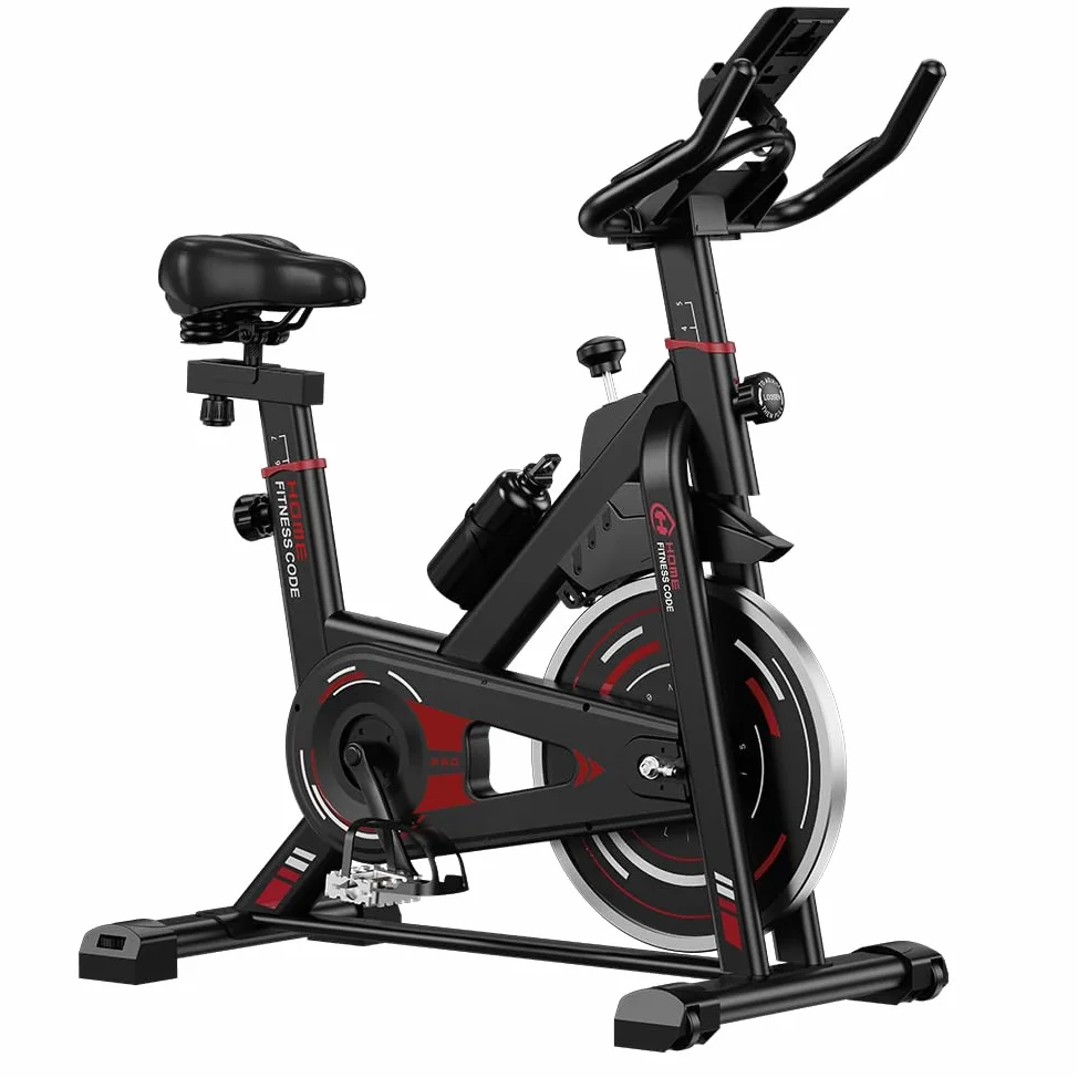Bicicleta estática estacionaria, equipo de gimnasio en casa, asiento y manillar ajustables, monitor LCD y soporte para tableta, 0-100% de resistencia, entrenamiento cardiovascular en
