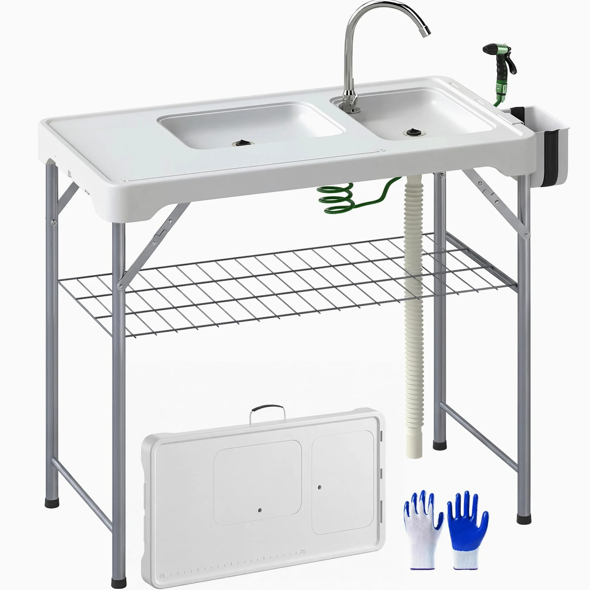 Outsunny Mesa para Limpiar Pescado Portátil Mesa Plegable para Camping con 2 Fregaderos Manguera de Drenaje Estación de Limpieza y Grifo para Pesca Barbacoa 108x58x92 cm Blanco