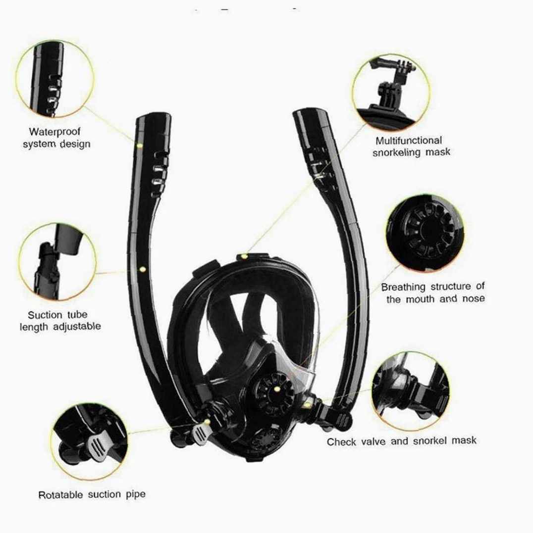 Dual Tubo Snorkel Respiración Snorkel Mascarilla Completa Anti-Fog Anti-Fugas Gafas De Buceo con Montura Doble Flujo De Aire Silicac