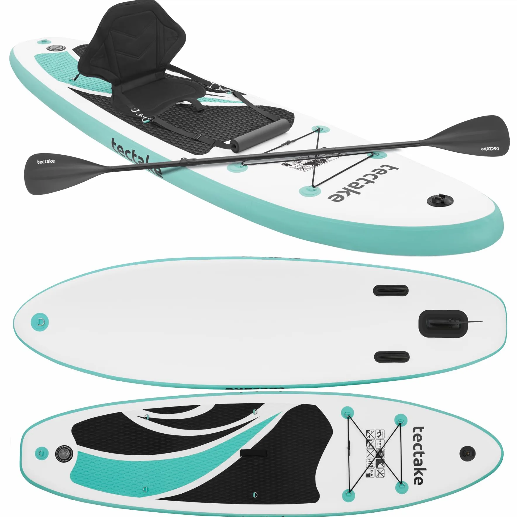 tectake® Tabla Paddle Surf Hinchable, Soporte Cámara, Kayak, 200 kg | Soporte para Cámara, Asiento de Kayak Convertible, Capacidad 200 kg, Superficie Antideslizante, SUP, Blanco y Turquesa