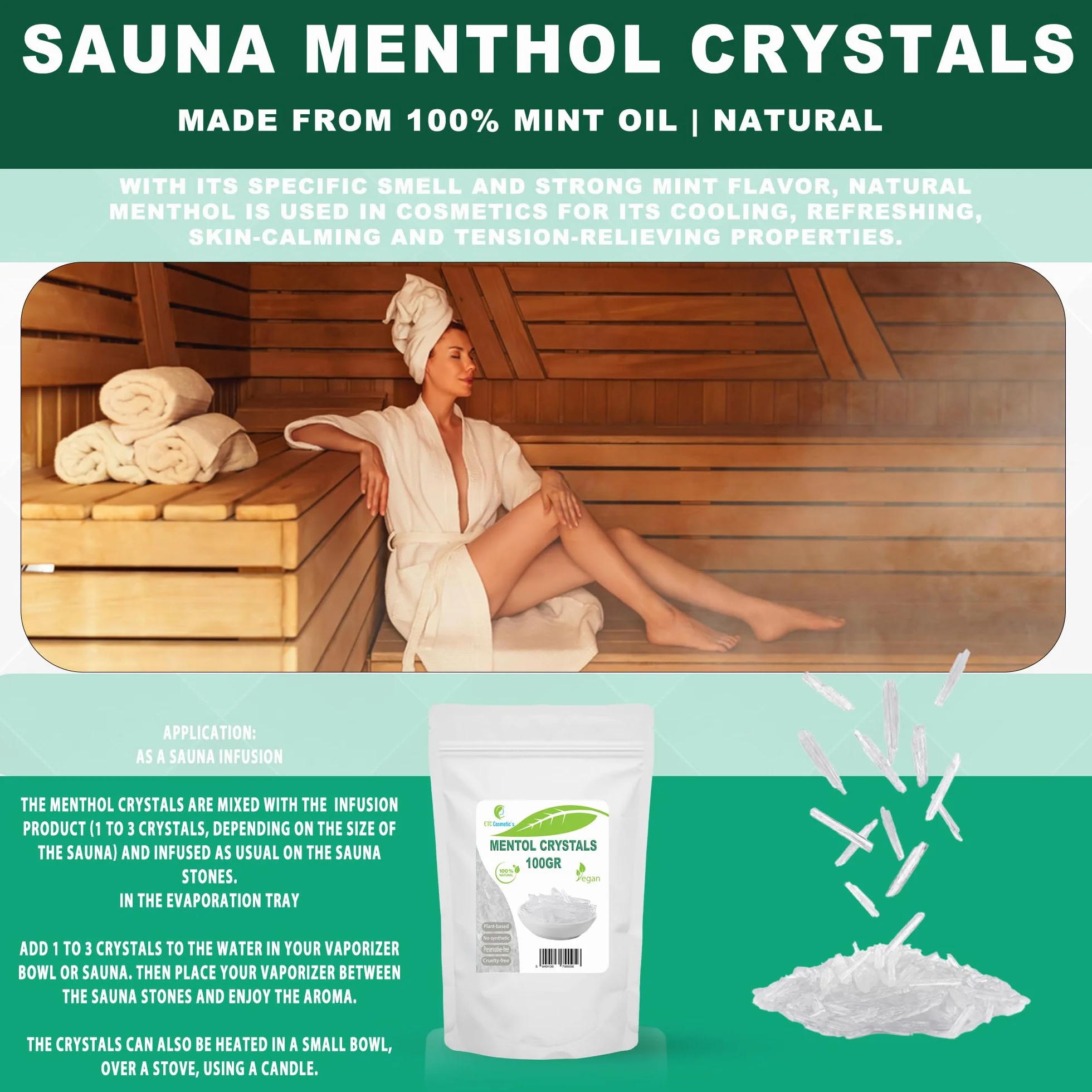 Cristales de Mentol 100 gr Efecto Refrescante Ingrediente Formulación Cosmética Sauna Aceite de Menta