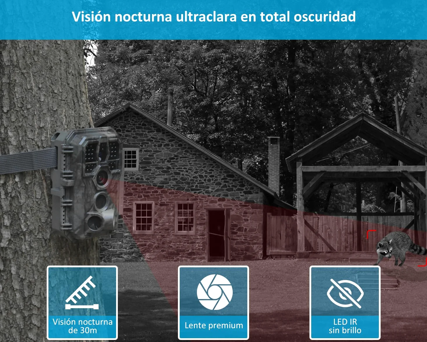 GardePro E5S Câmaras de Caça 64MP 1296P H.264 Vidéo, Camara Fototrampeo con Alcance de Visión Nocturna de 30m y 0,1s Tiempo de Activación, LED IR de 940nm