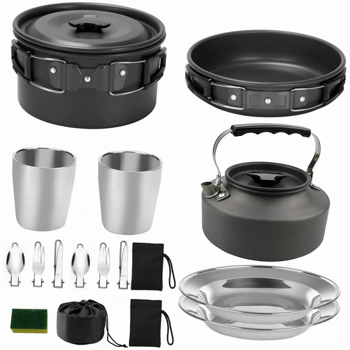 Kit de Cocina de Camping para 2-3 Personas, Juego de Utensilios de Aleación de Aluminio Negro, Fácil de Transportar y Almacenar para Actividades al Aire Libre