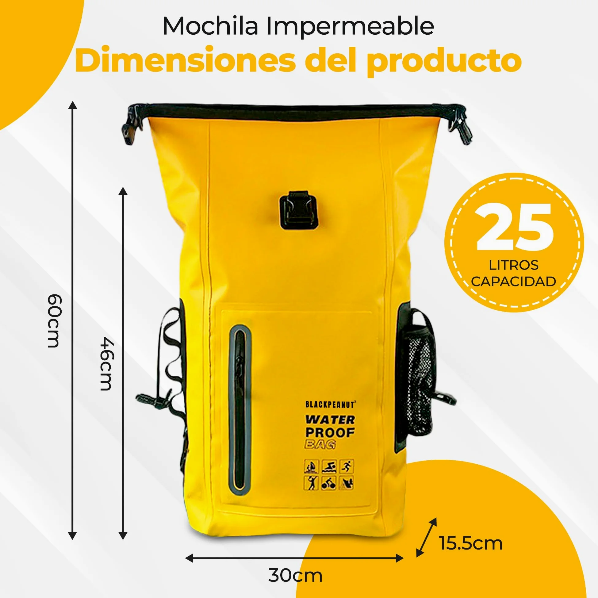 Mochila Estanca 25L Negro Bolsa Seca Impermeable Kayak Playa | Bolsillo exterior para botella, tirantes acolchados, dry bag ligero, pesca, paddle surf, camping y senderismo
