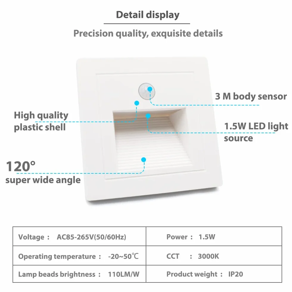Lámparas LED empotrables de pared blanco cálido 3000K 230V 1.5W detector de movimiento para escaleras