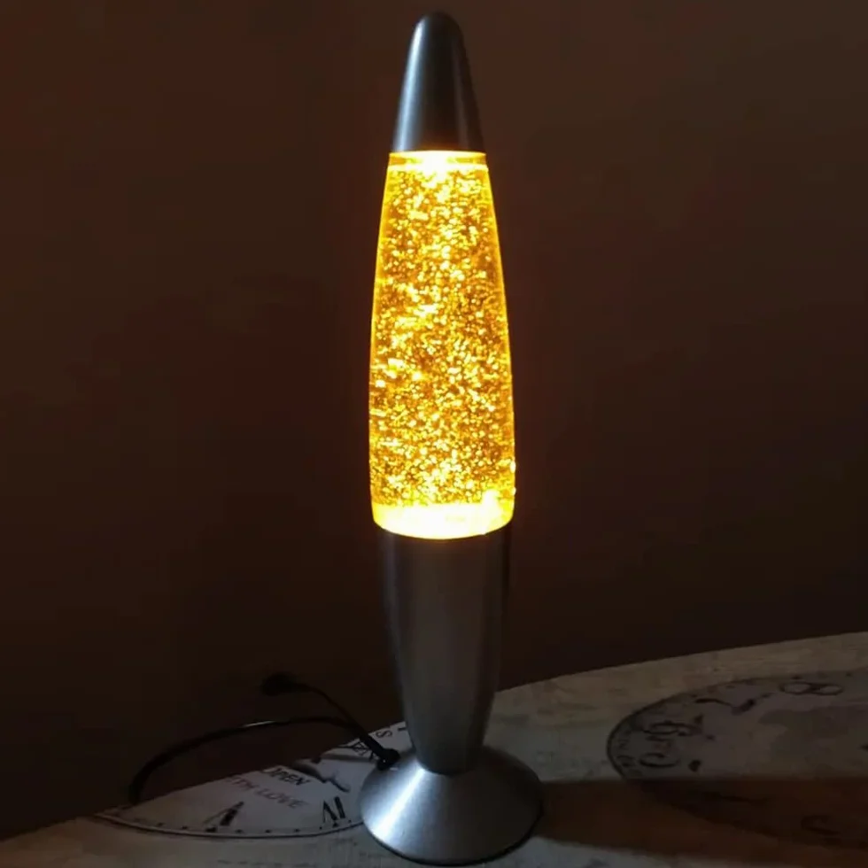 Lampara de Lava Purpurina Glitter Destellos Amarillo 40 cm Base Gris