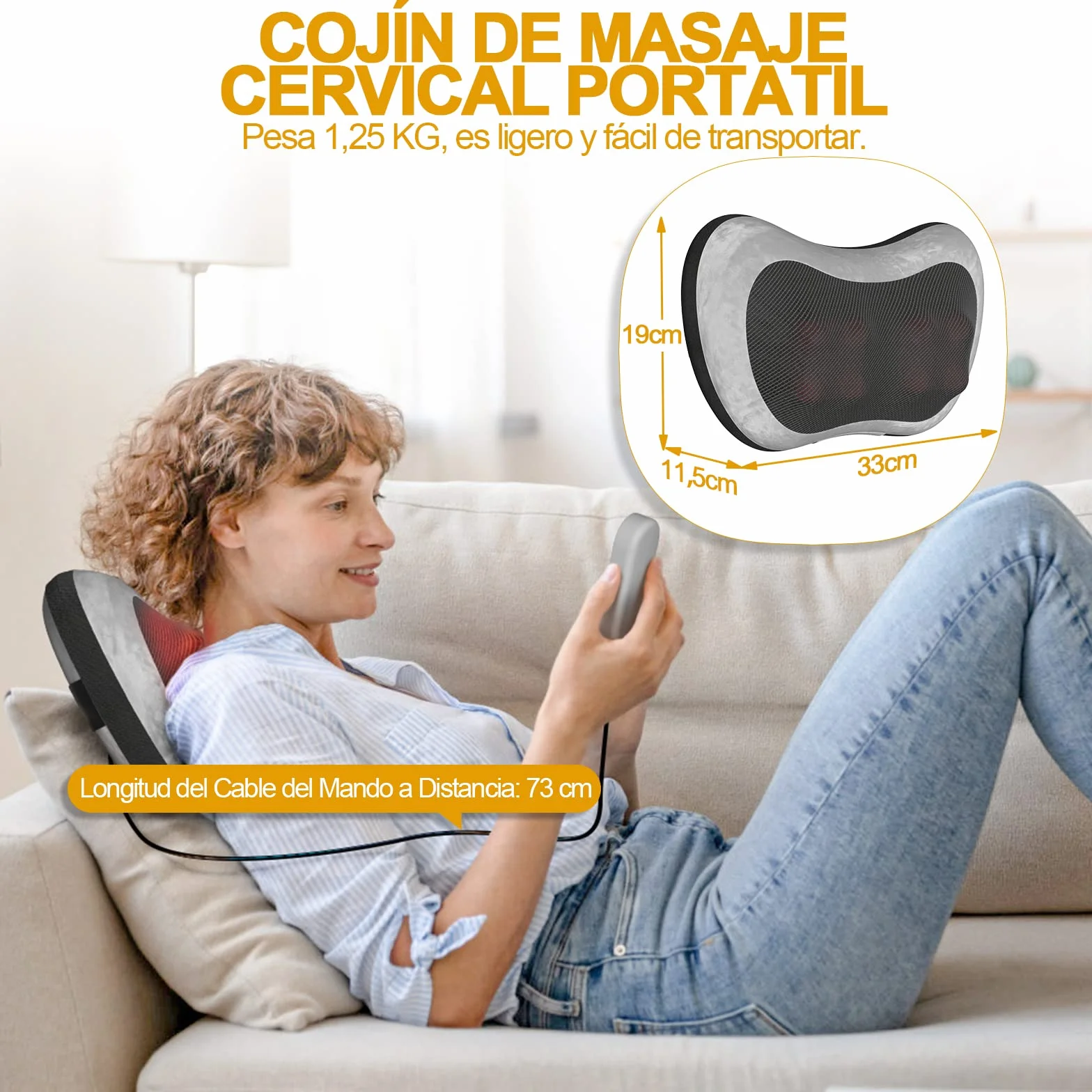 TAKRINK Cojín Masaje Shiatsu con Calor 8 Nudos 3 Velocidades Control Remoto Masajeador Cuello Espalda Hombros